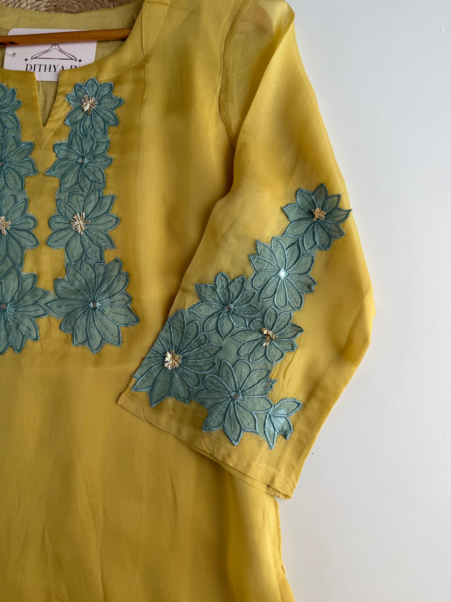 K273 - Viscose organza appliqué work straight Kurti with pants and dupatta