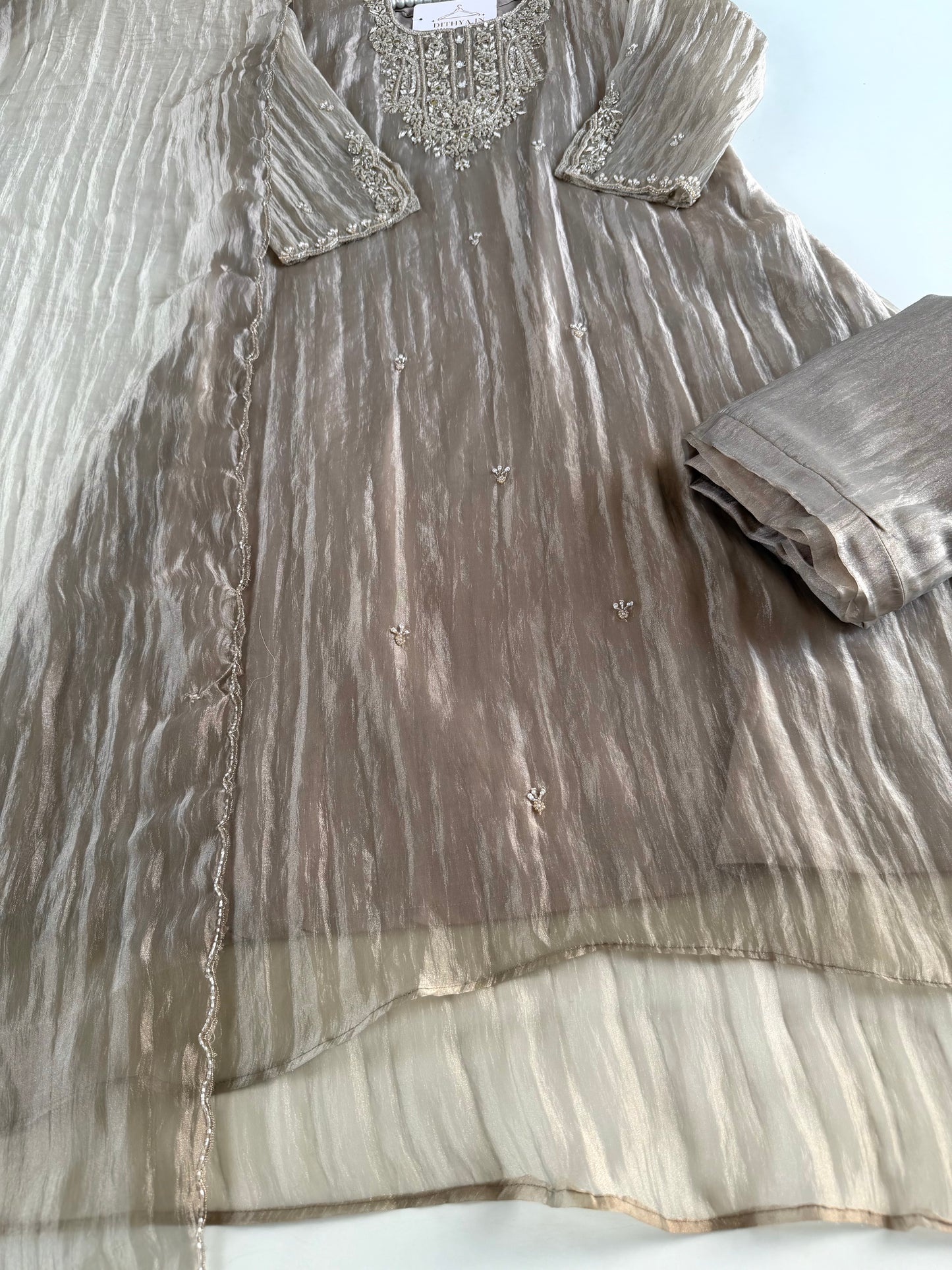 K600 - Glass tissue silk handwork aline Kurti with pants and dupatta