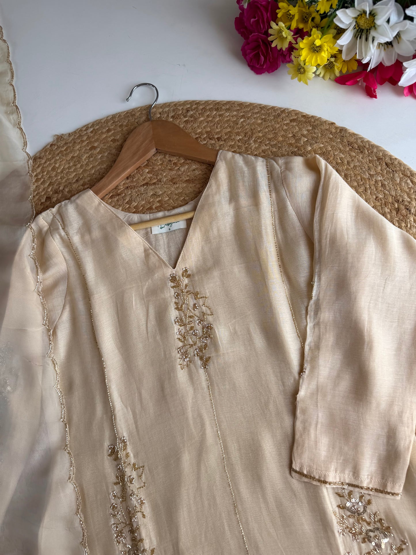 K145 - Mul chanderi handwork aline Kurti with pants and dupatta