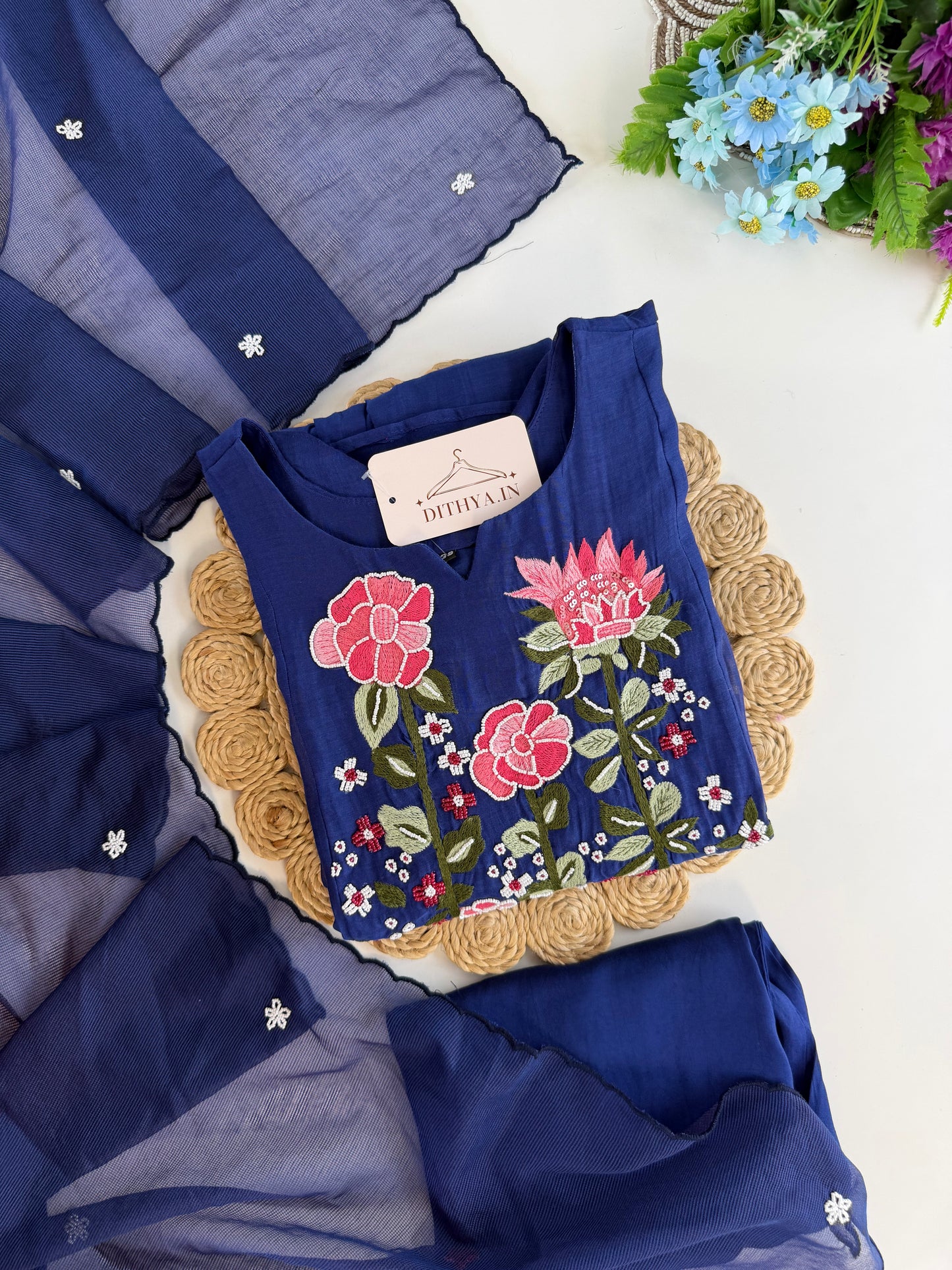 K494 - Mul chanderi handwork Anarkali with pants and dupatta