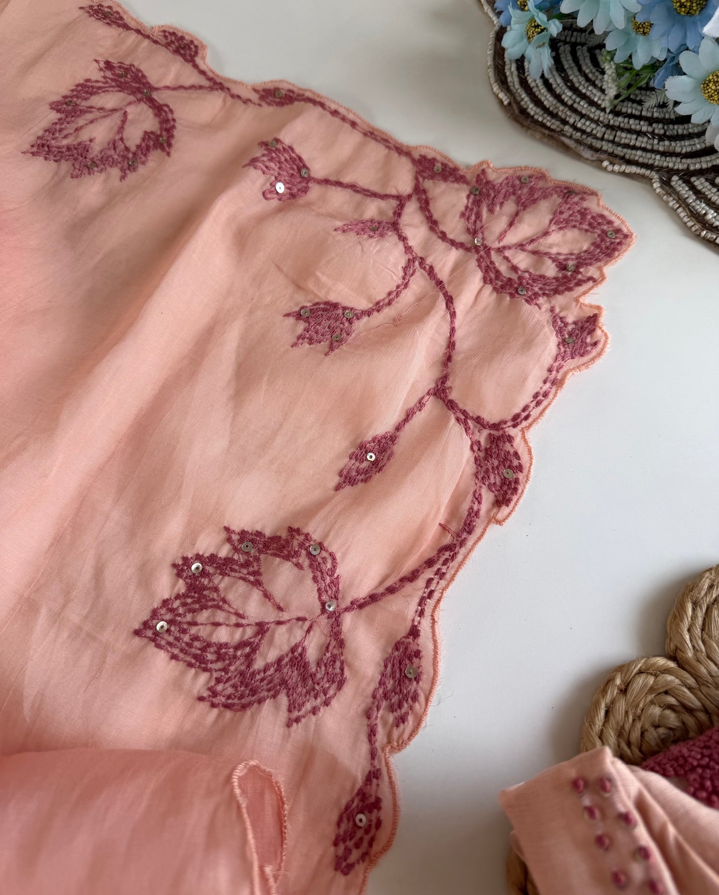 K650 - Mul chanderi embroidered Aline Kurti with pants and dupatta