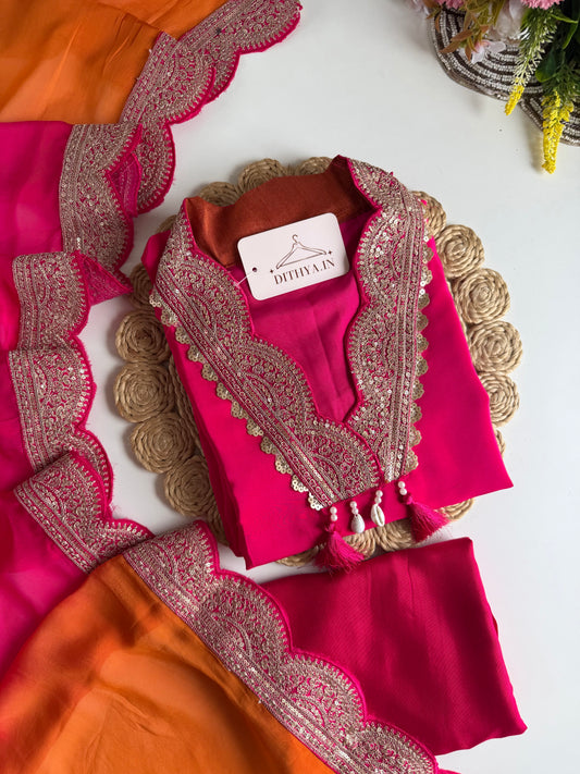 K649 - Pure crape zari work aline Kurti with pants and dupatta