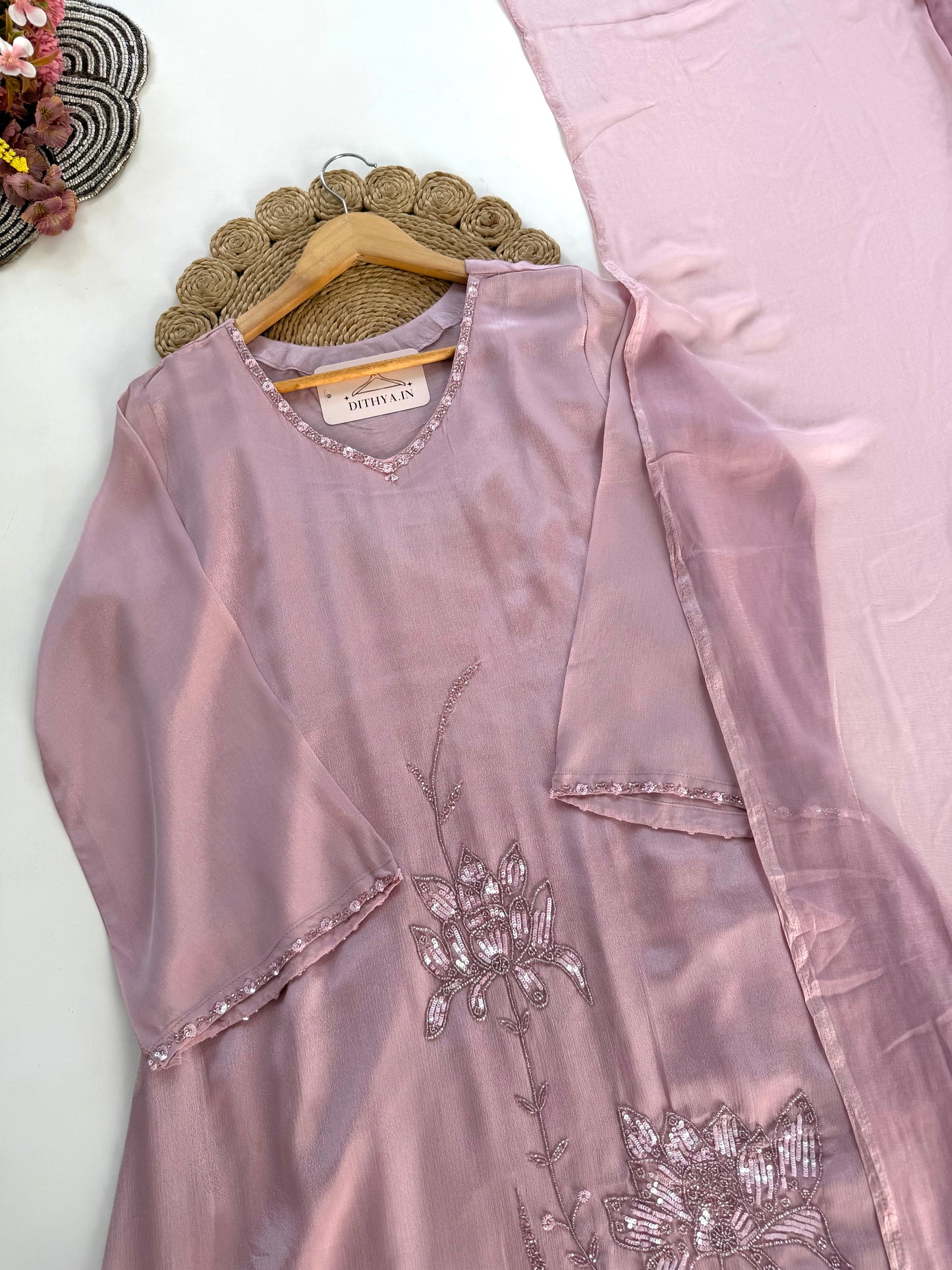 K308 - Chinnon handwork Aline Kurti with pants and dupatta