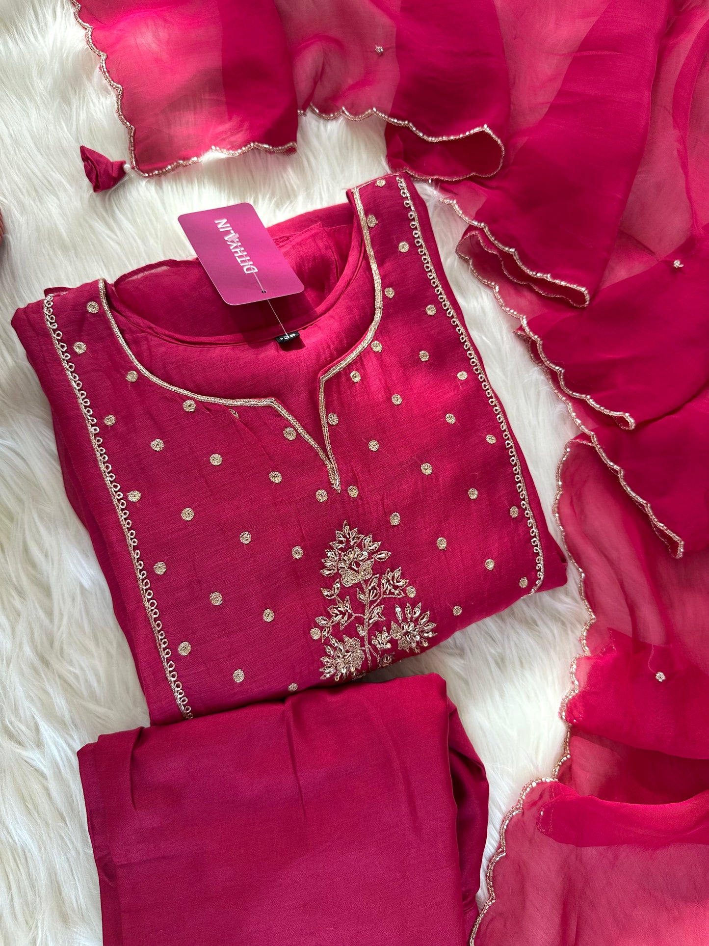 K037 - Mul Chanderi handwork Aline Kurti with pants and dupatta