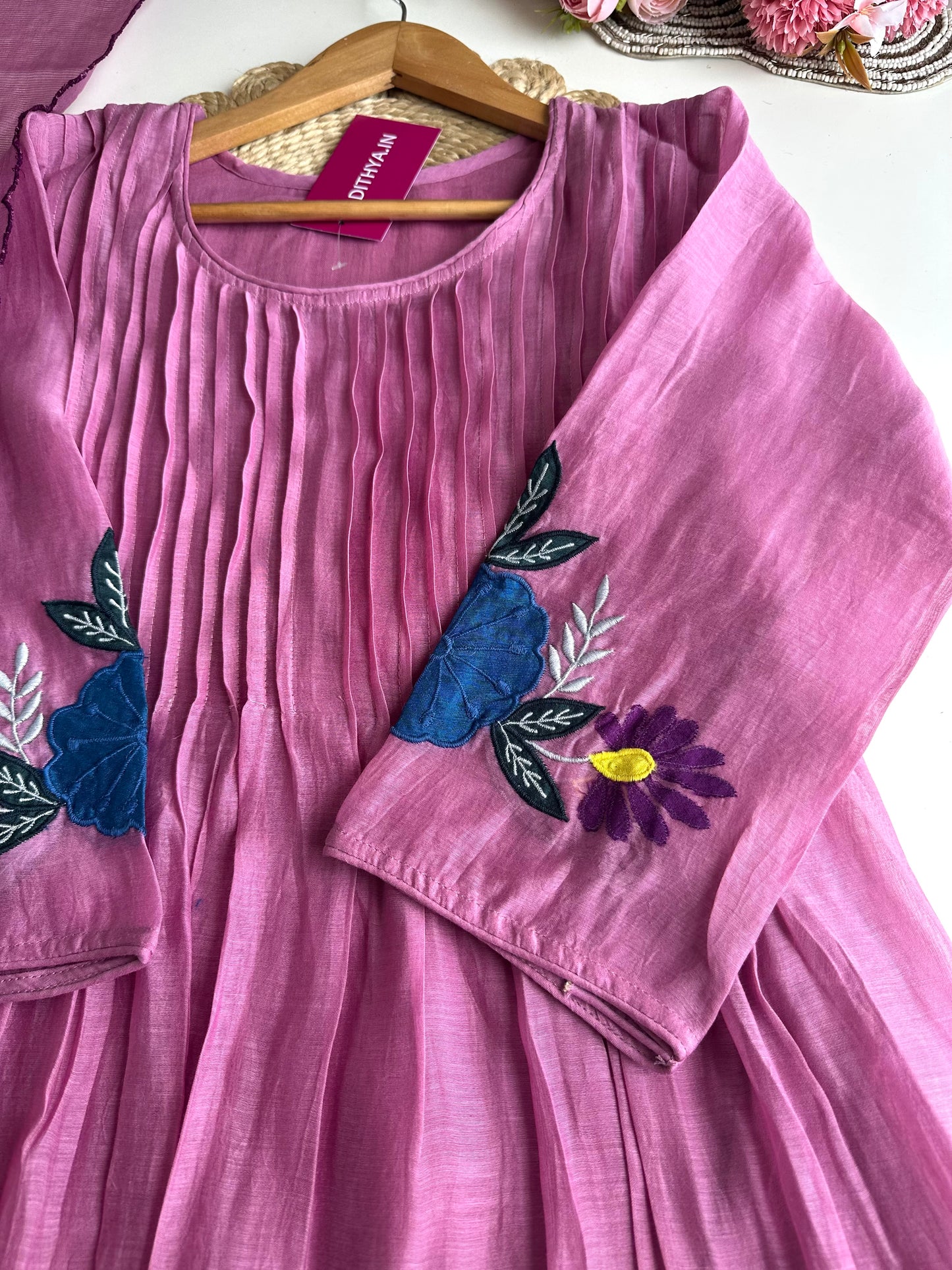 K126 - Mul Chanderi embroidered Aline Kurti with pants and dupatta