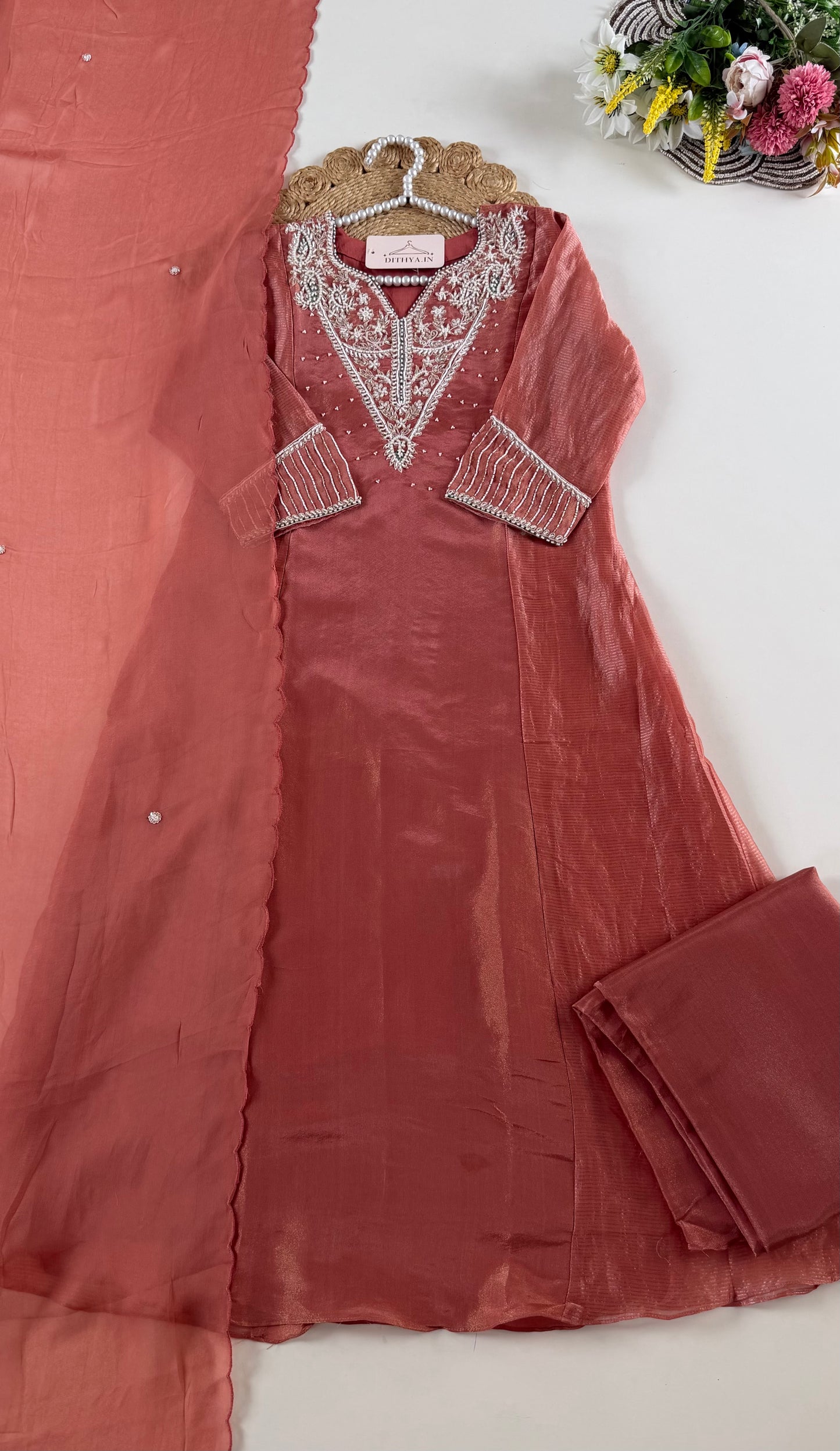 K110 - Tissue silk pearl work Anarkali with pants and dupatta