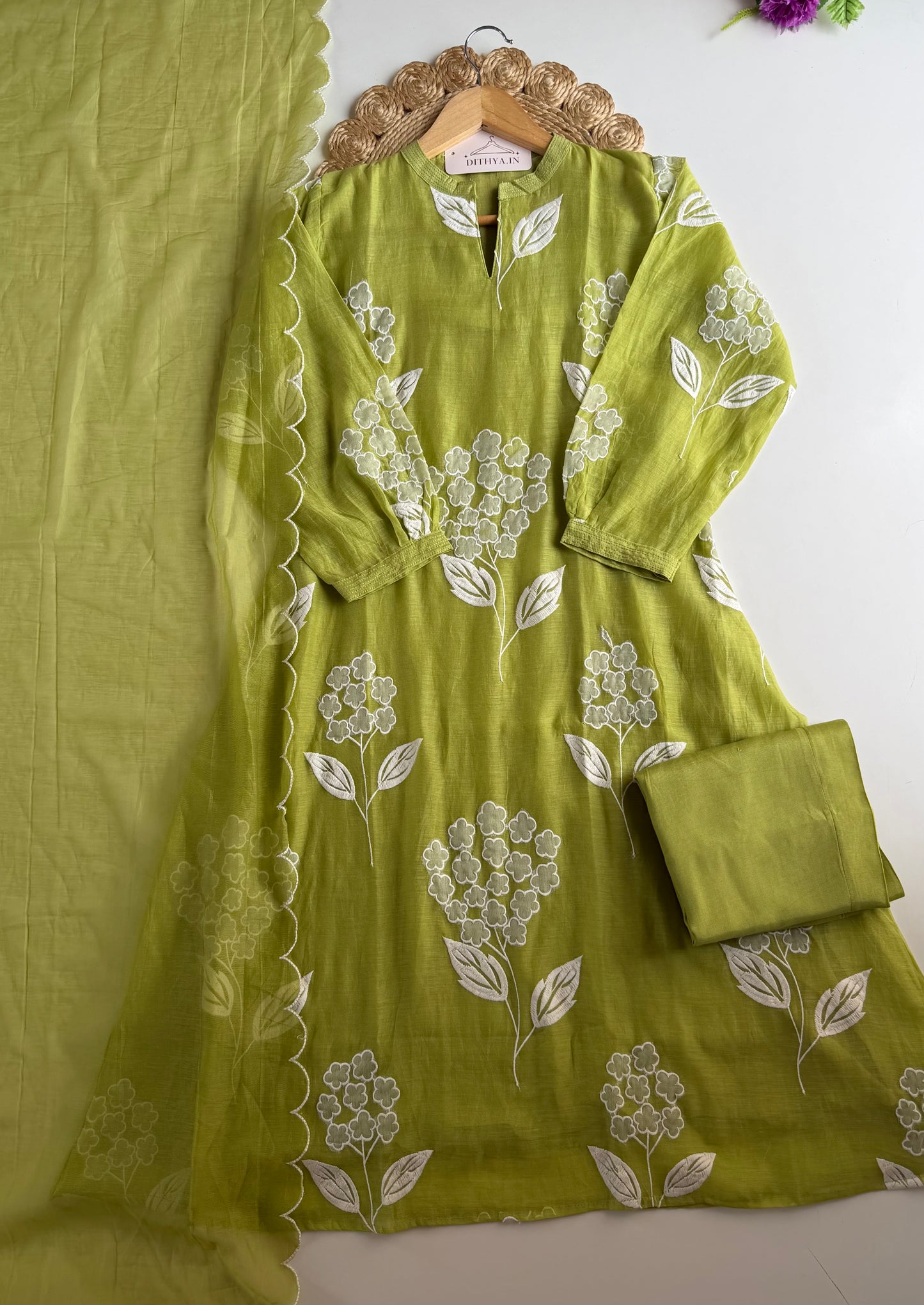 K537 - Mul chanderi appliqué work aline Kurti with pants and dupatta in 2 colours