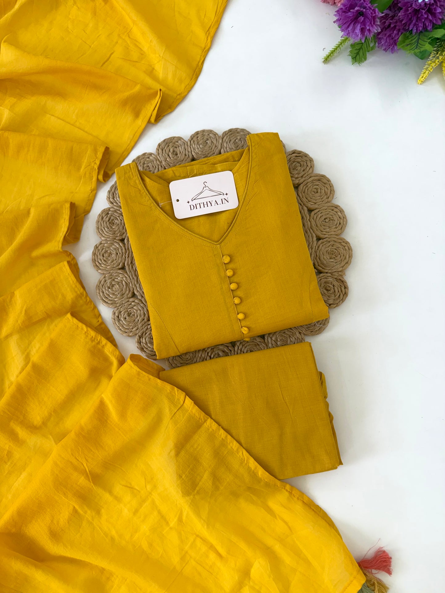 K655 - Mul cotton embroidered Aline Kurti with pants and dupatta