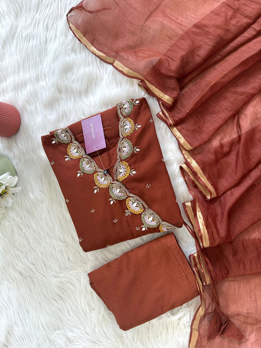 K049 - Mul Chanderi handwork Angrakha Anarkali with pants and dupatta
