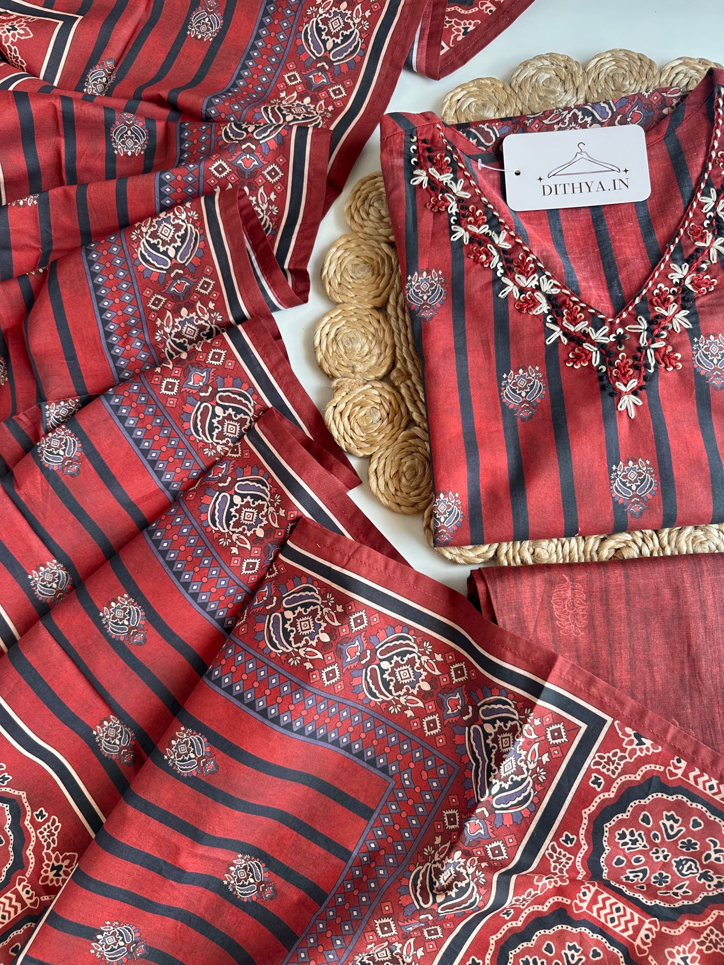 K189 - Mul cotton embroidered straight Kurti with pants and dupatta