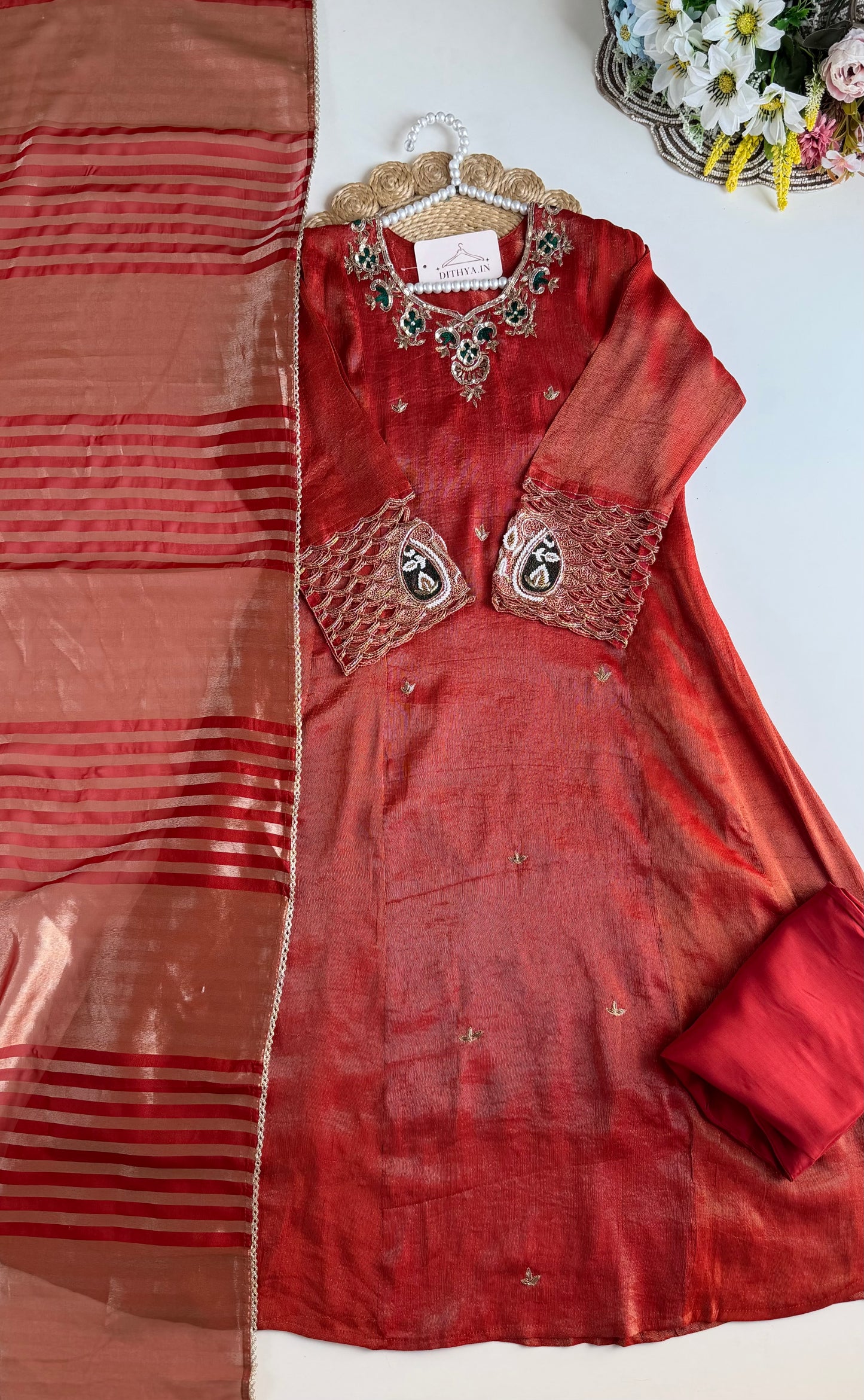 K491 - Tissue silk handwork aline Kurti with pants and dupatta