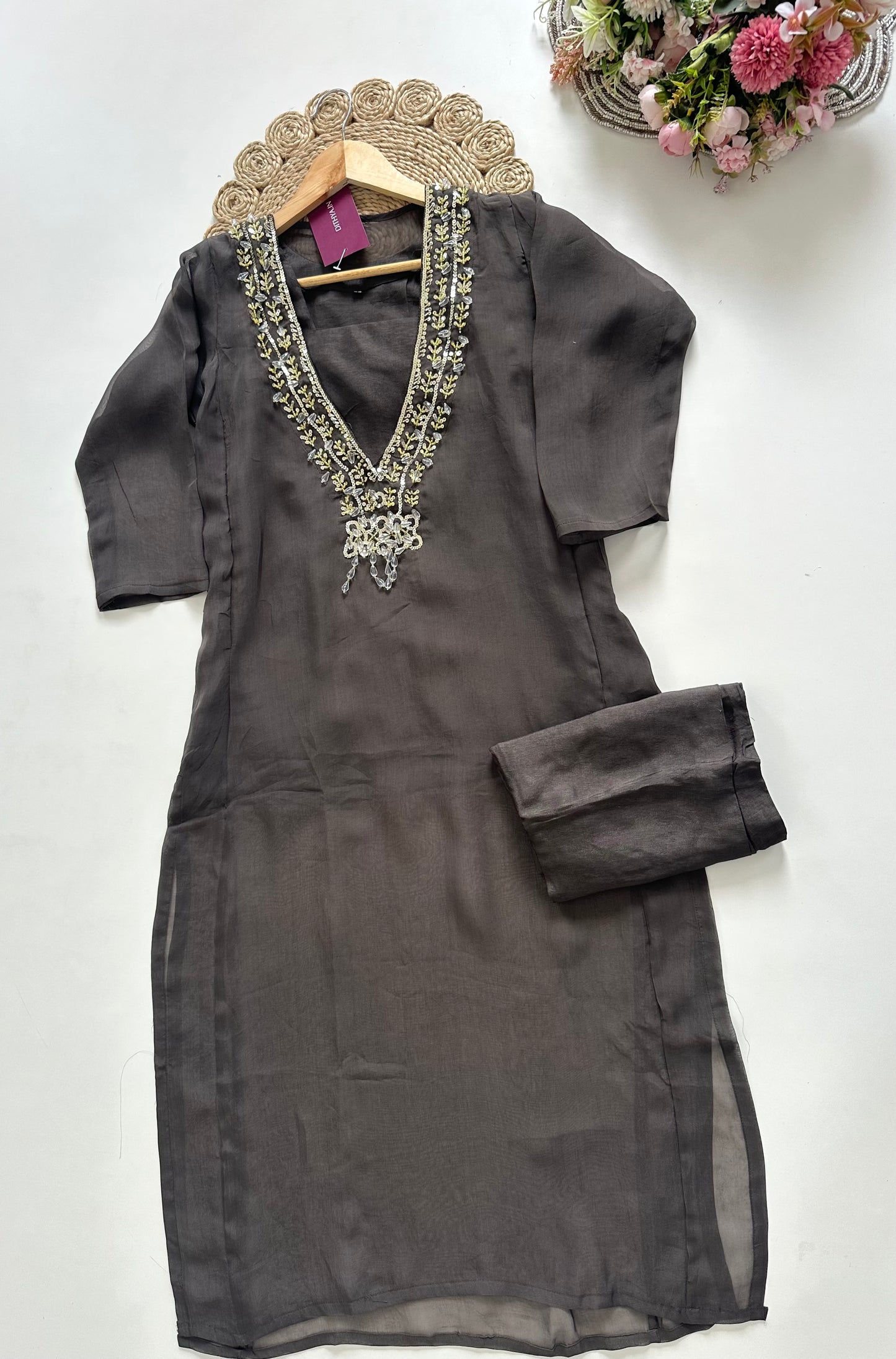 K025 - Viscose organza Handwork Straight kurti with inner and pants .