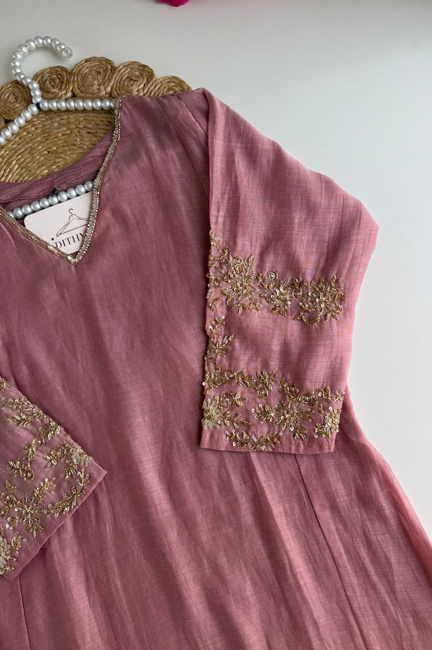 K248 - Mul chanderi handwork aline Kurti with pants and dupatta