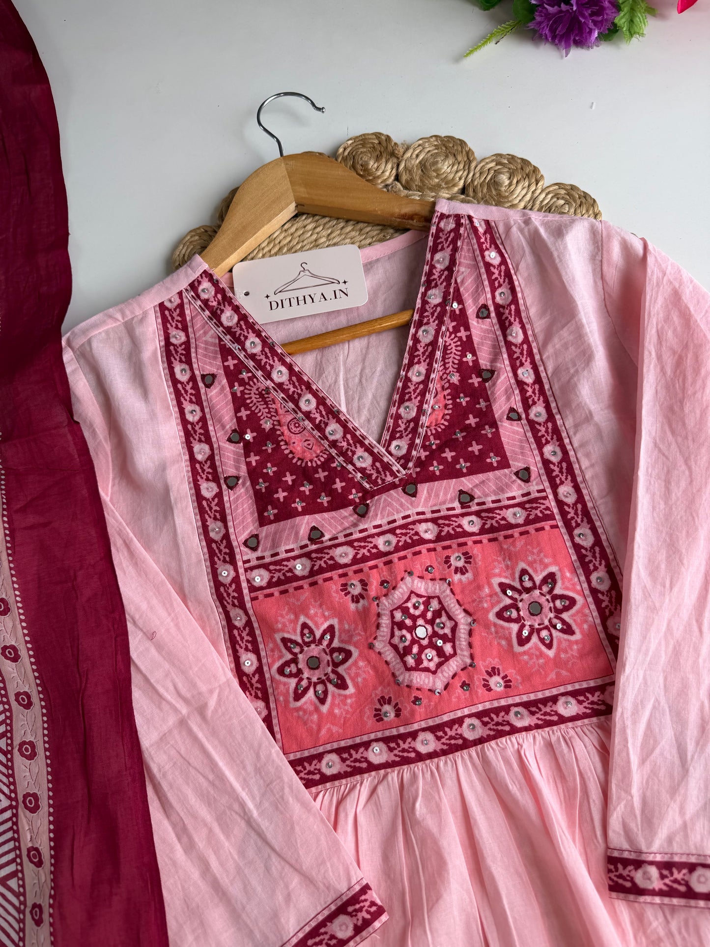 K349 - Mul cotton embroidered Anarkali with pants and dupatta