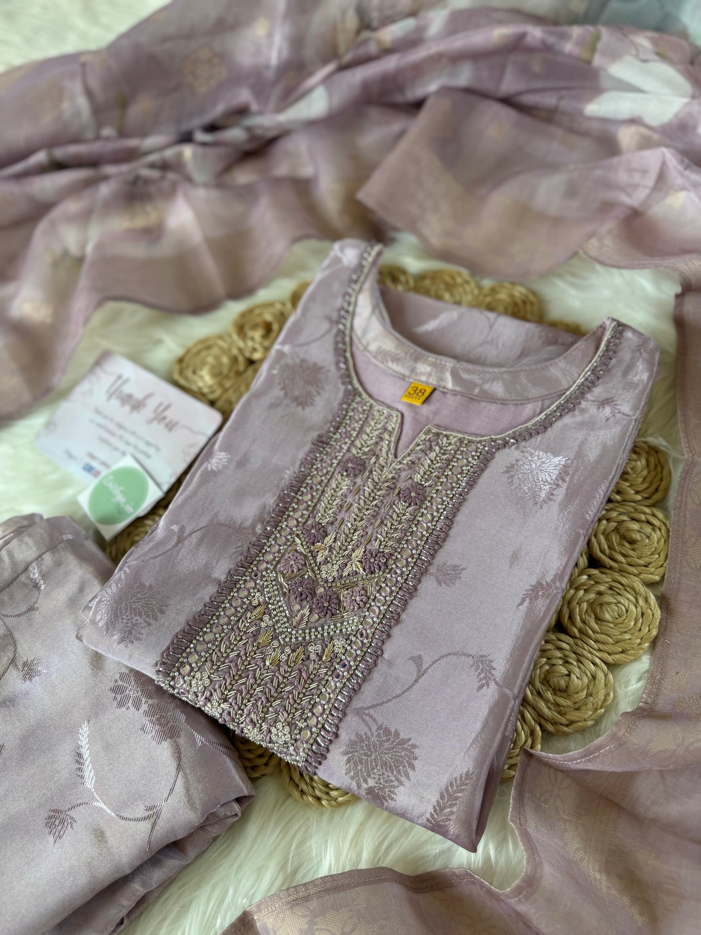 K121 - Tissue silk straight kurti with straight pants and floral silk dupatta