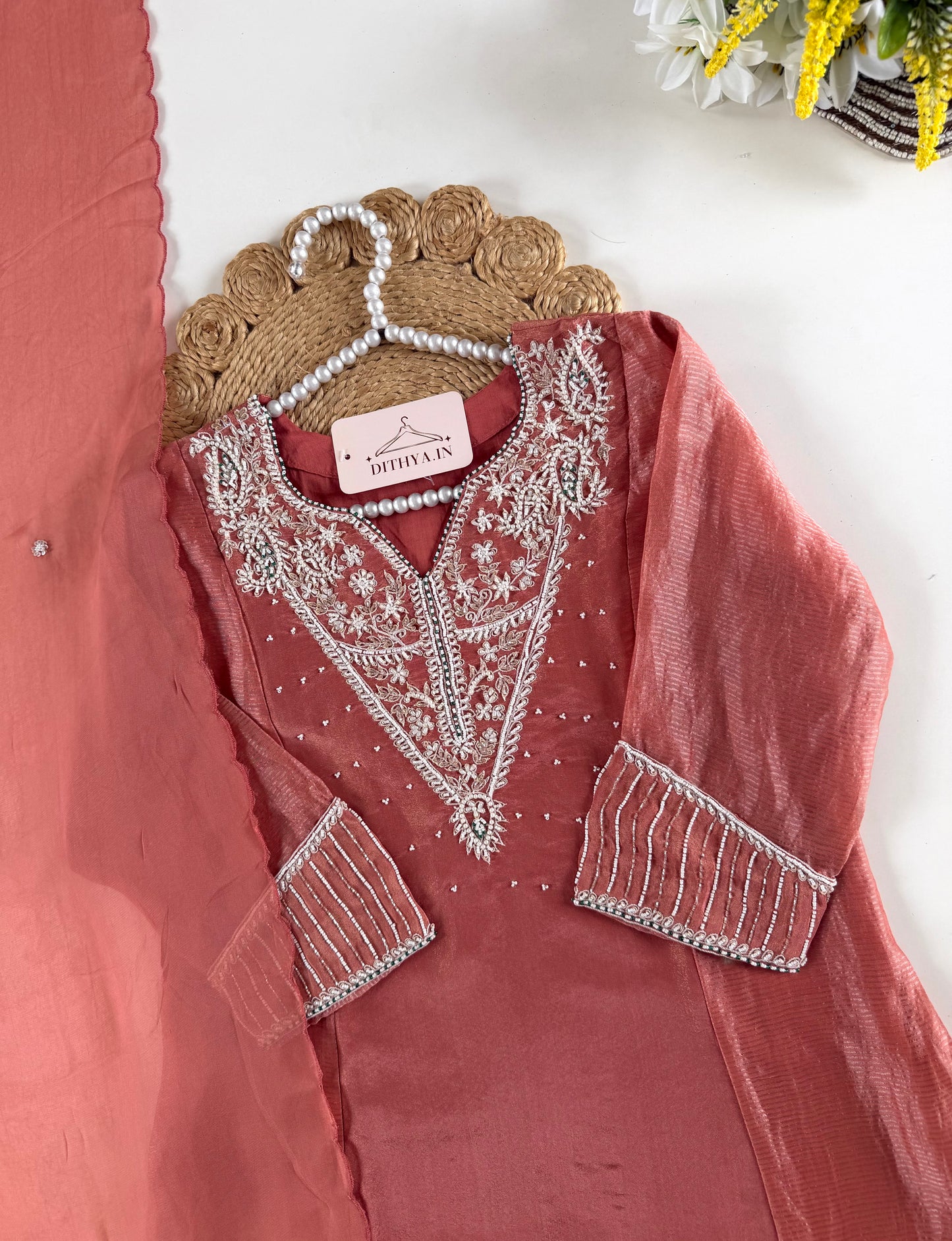 K110 - Tissue silk pearl work Anarkali with pants and dupatta