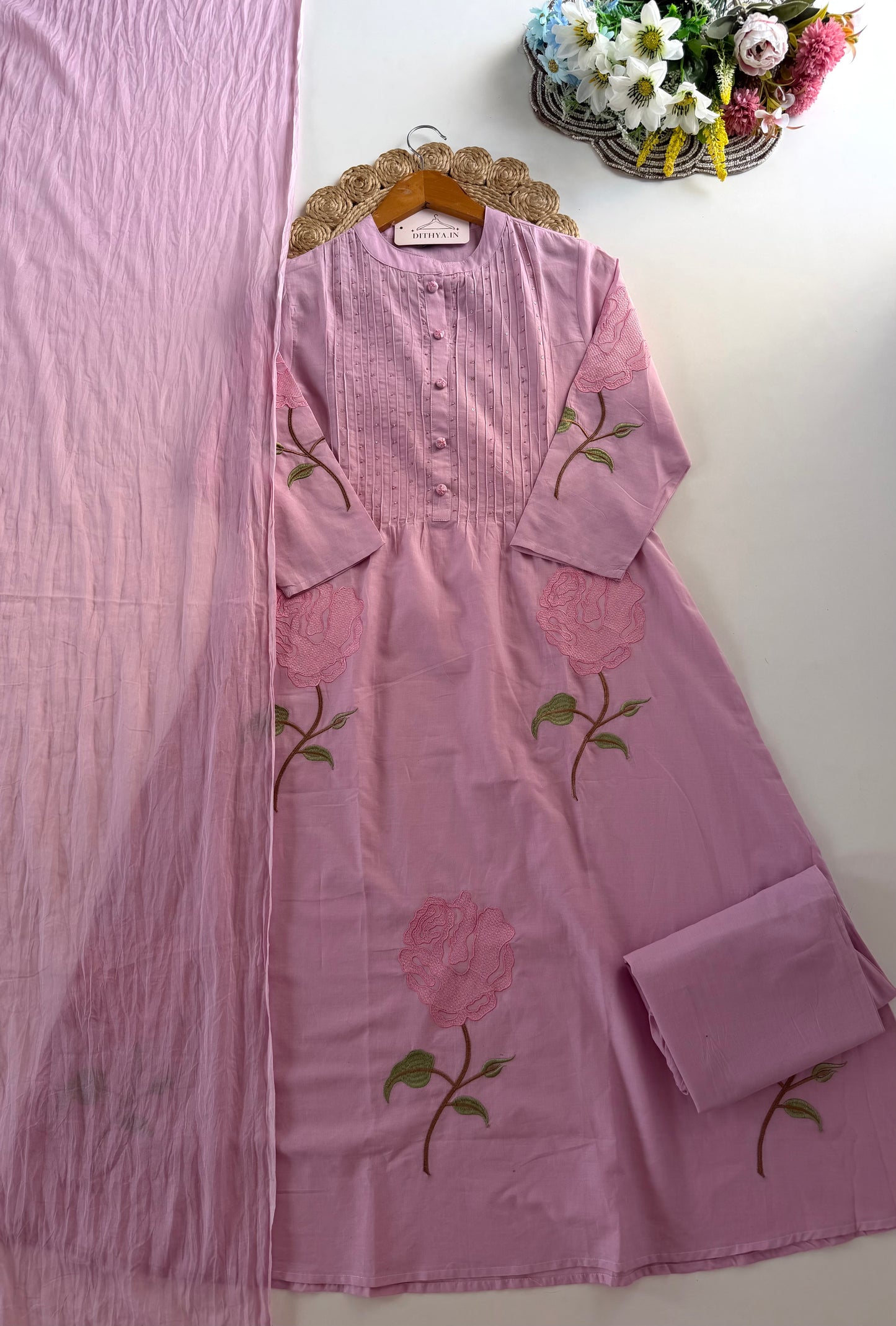 K446 - Mul cotton appliqué work aline Kurti with pants and dupatta