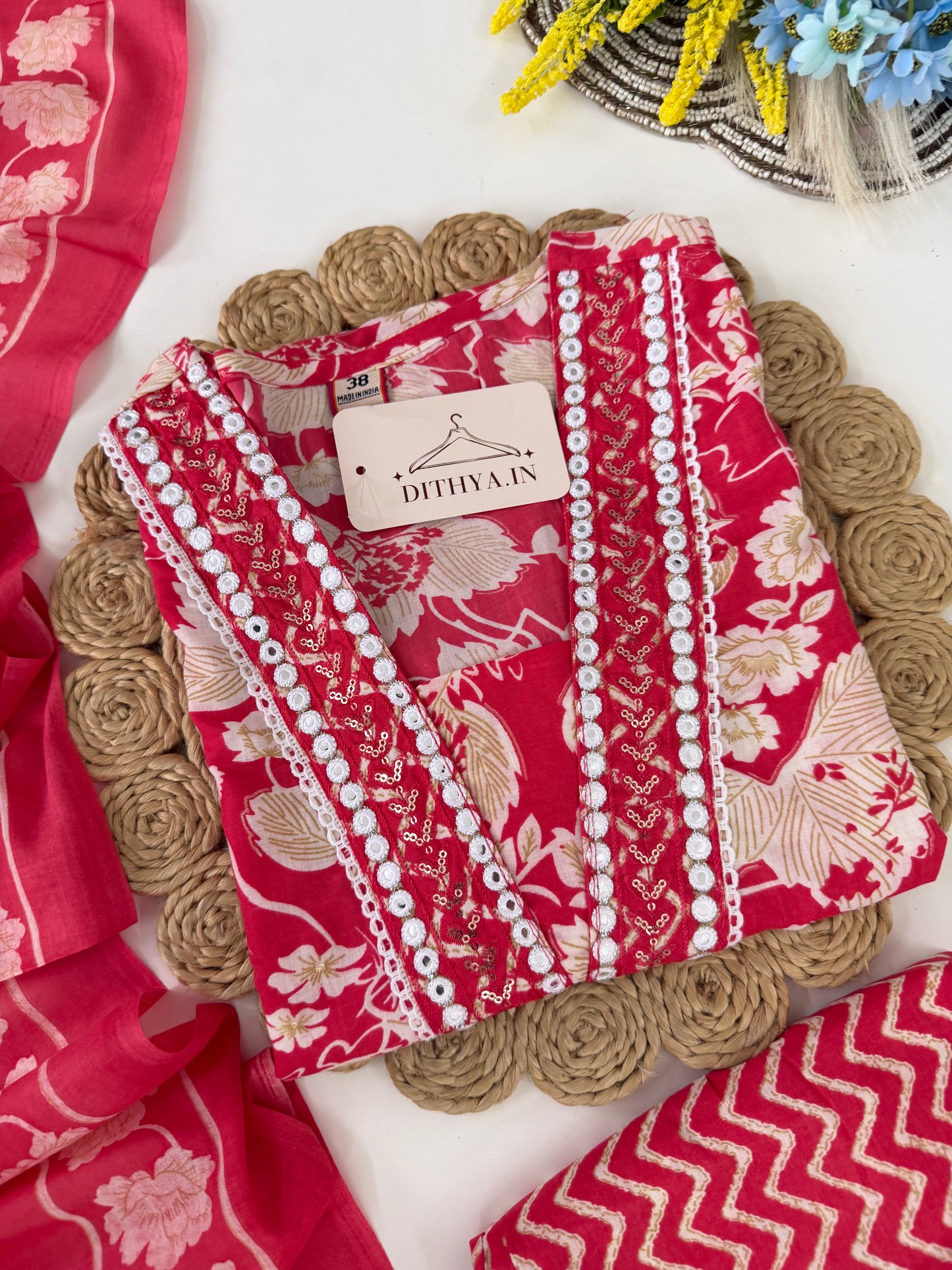 K444 - Cotton embroidered straight Kurti with pants and dupatta