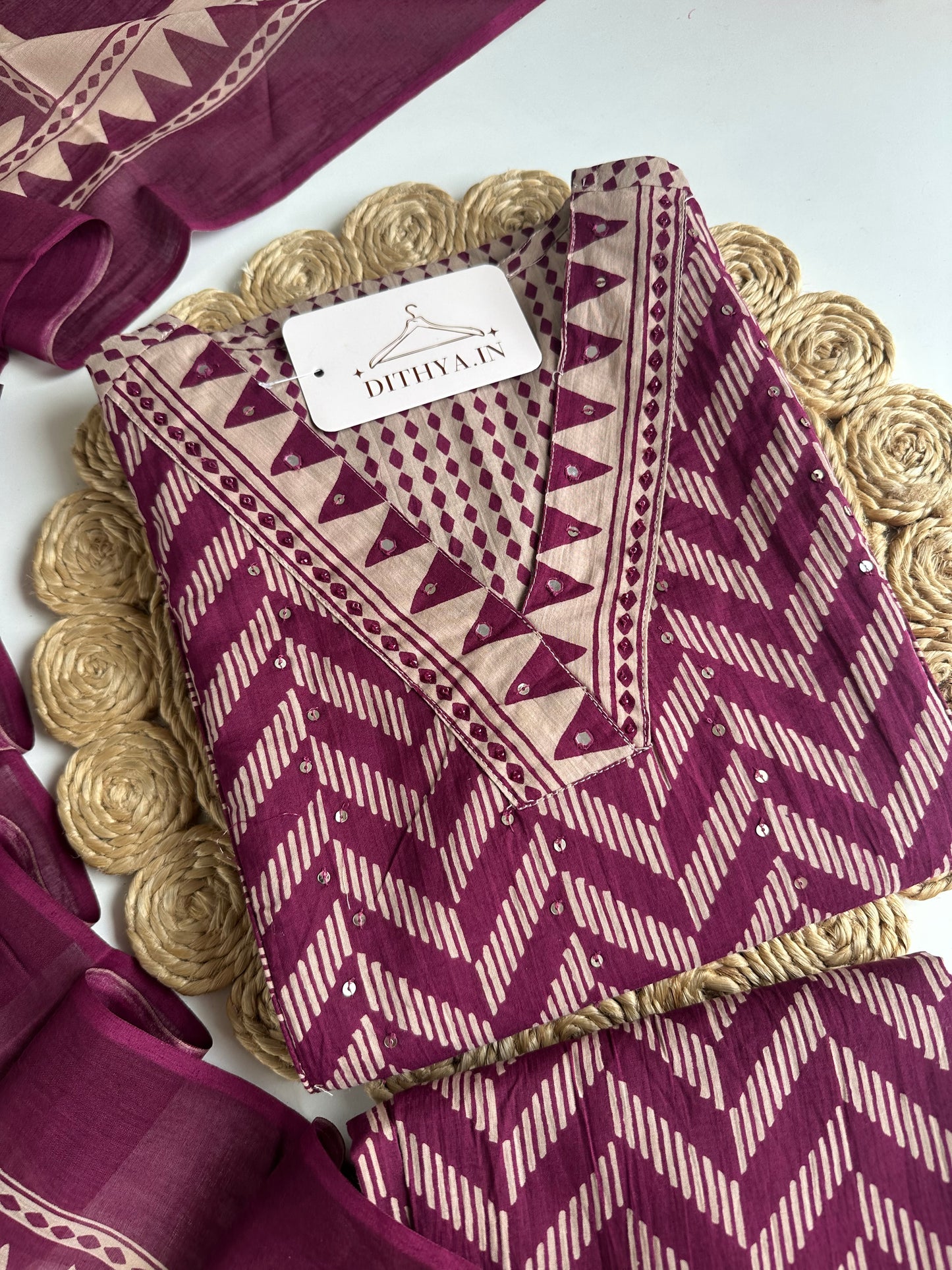 K717 - Mul cotton embroidered Aline Kurti with pants and dupatta