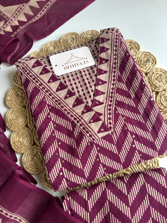 K717 - Mul cotton embroidered Aline Kurti with pants and dupatta