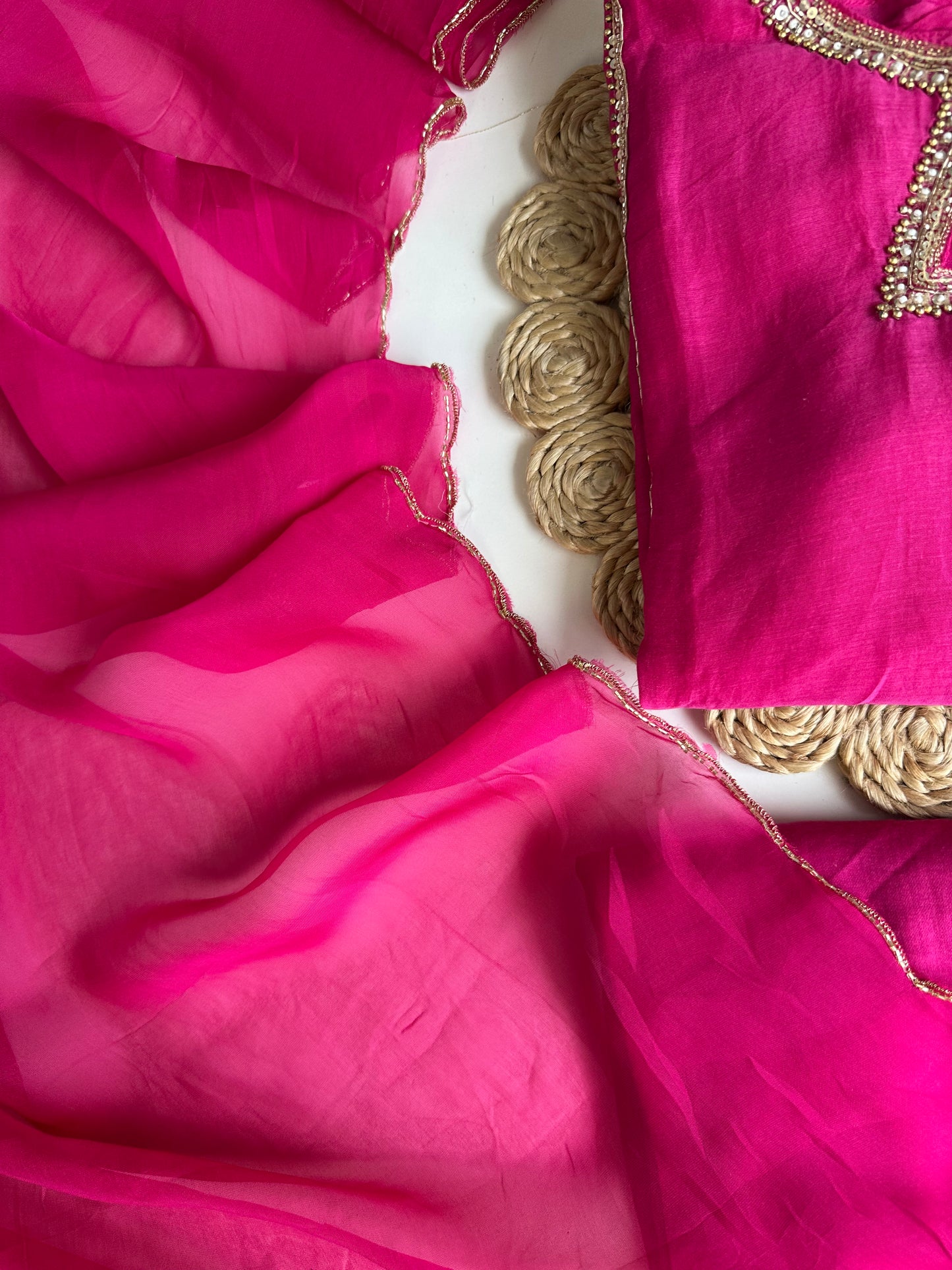 K228 - Mul Chanderi handwork Aline Kurti with pants and dupatta