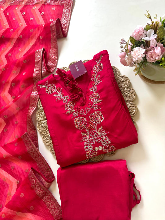 K017 - Russian silk handwork Aline Kurti with pants and dupatta