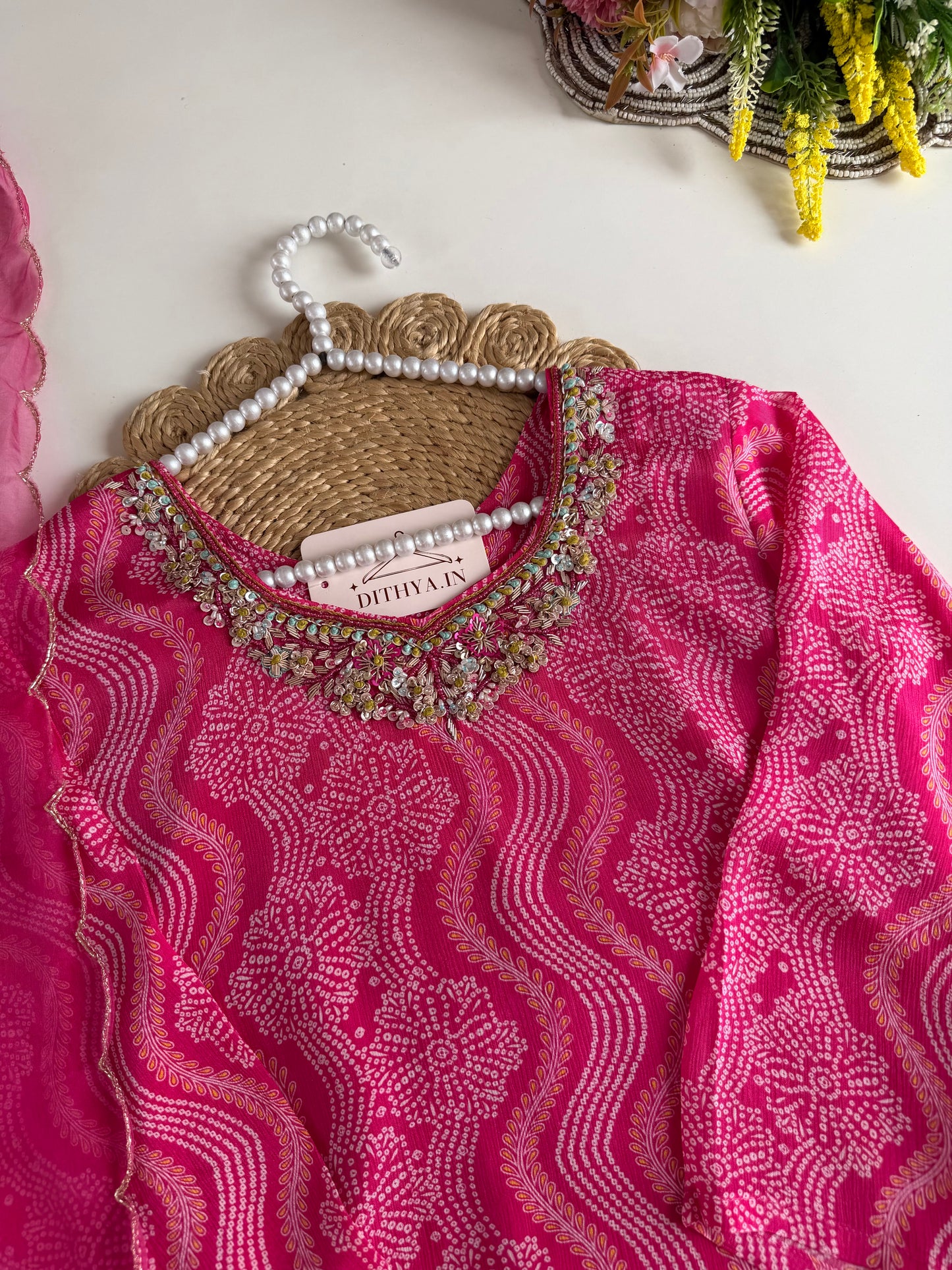 K063 - Pure Chinnon Bandhini handwork aline Kurti with pants and dupatta