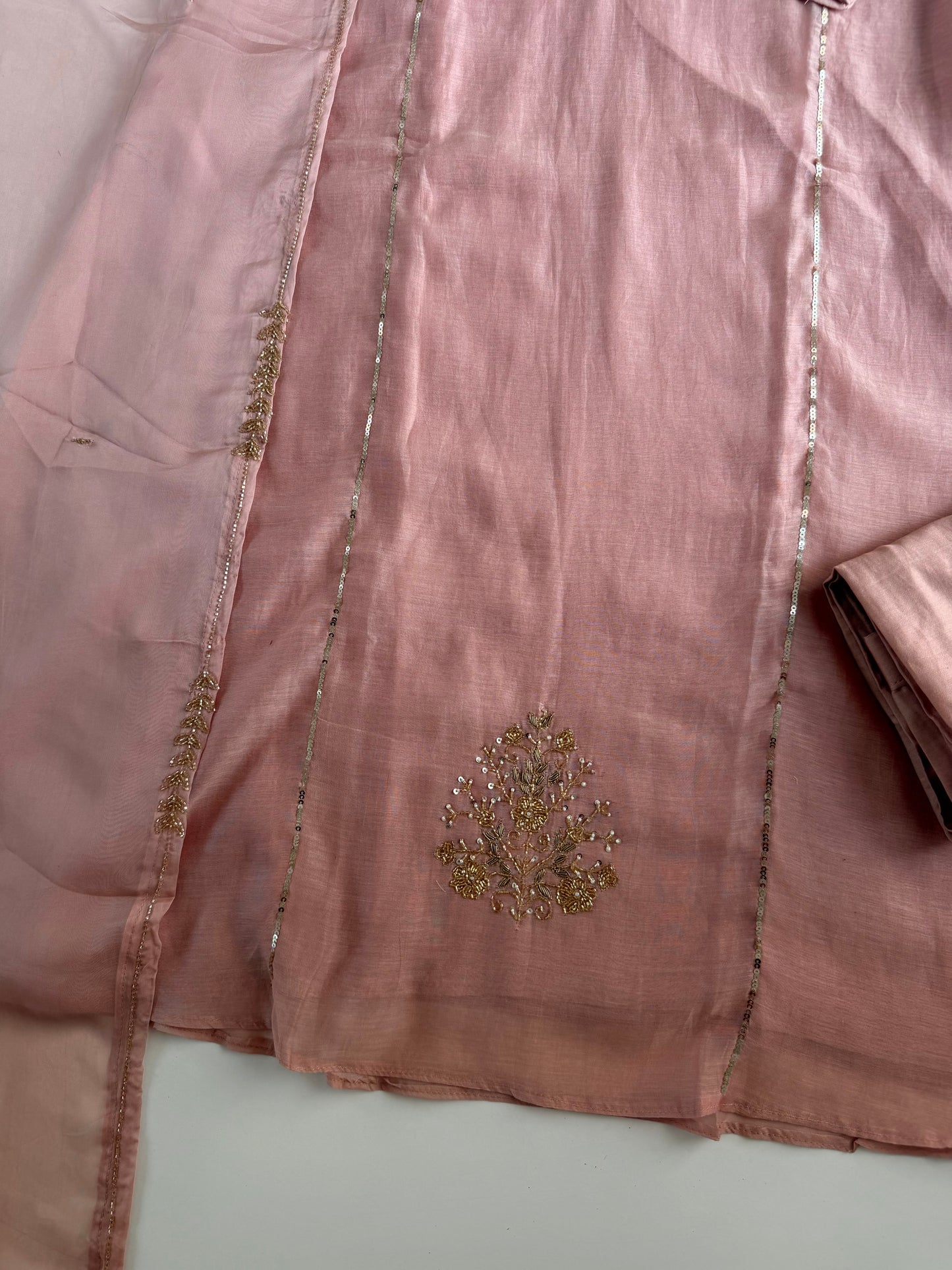 K564 - Mul chanderi handwork aline Kurti with pants and dupatta