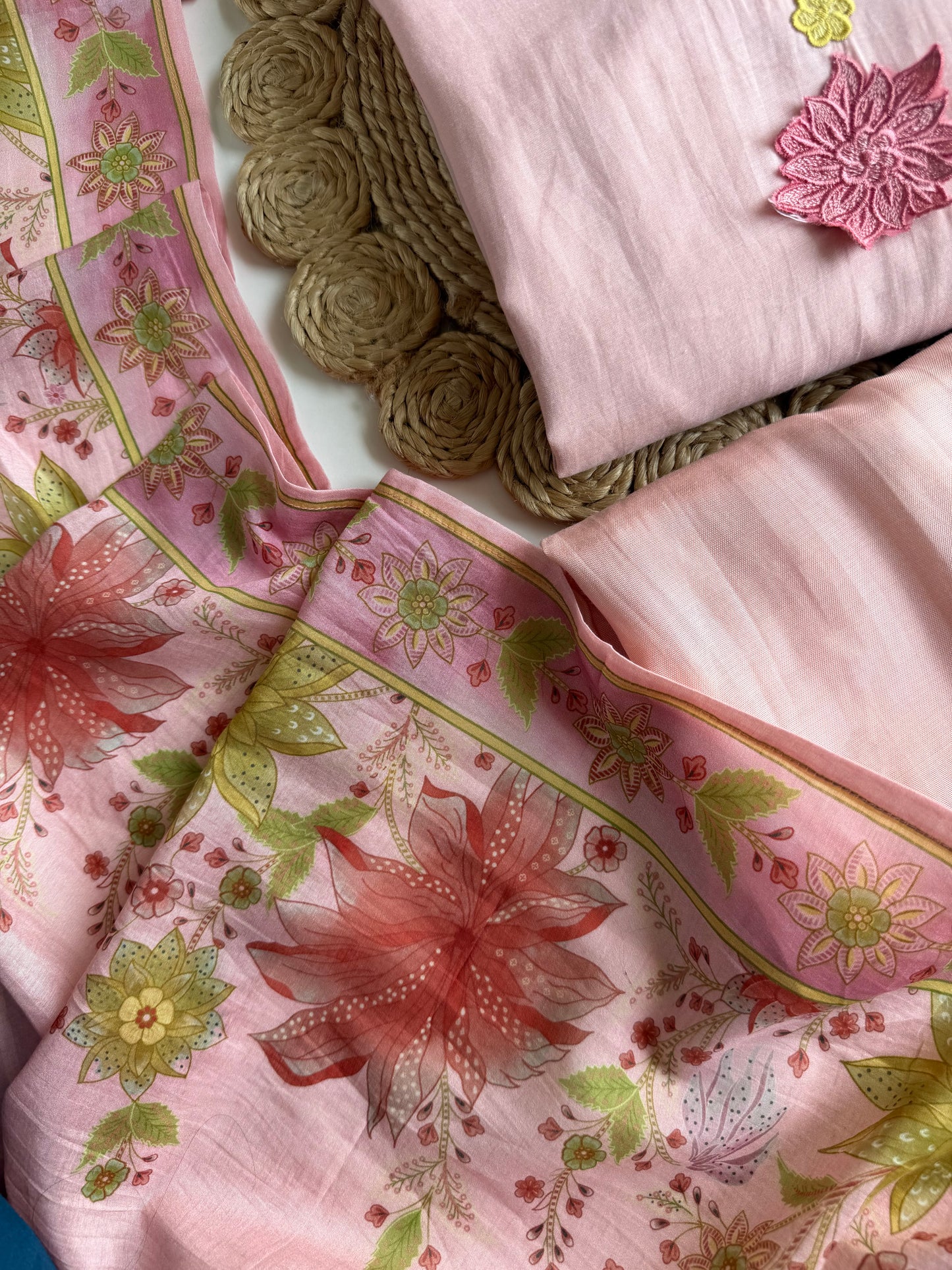 K227 - Mul cotton embroidered Aline Kurti with pants and dupatta