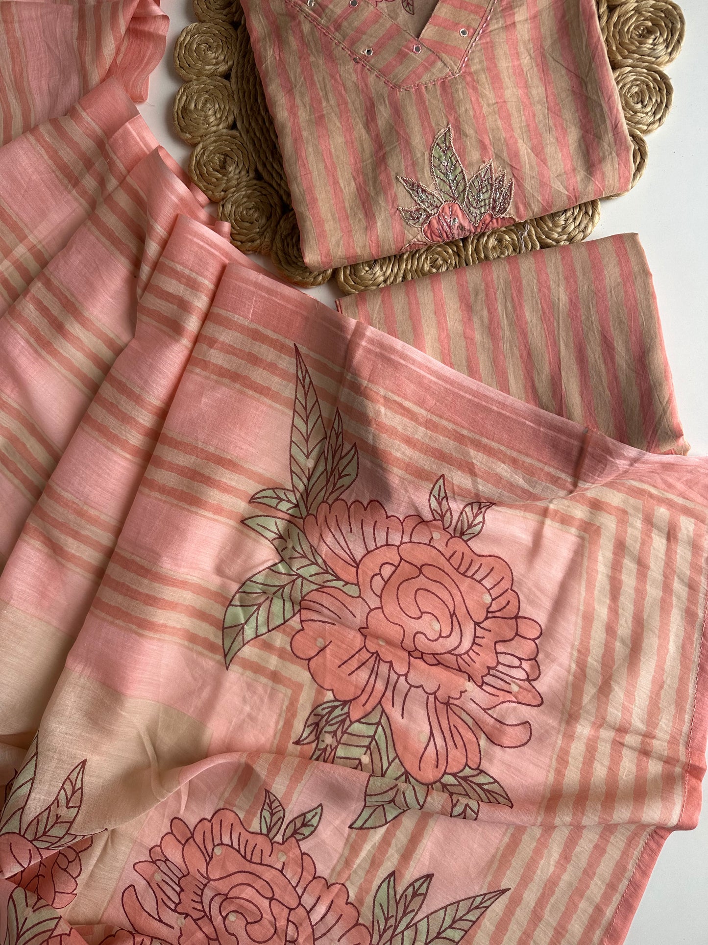 K629 - Mul cotton embroidered Aline Kurti with pants and dupatta