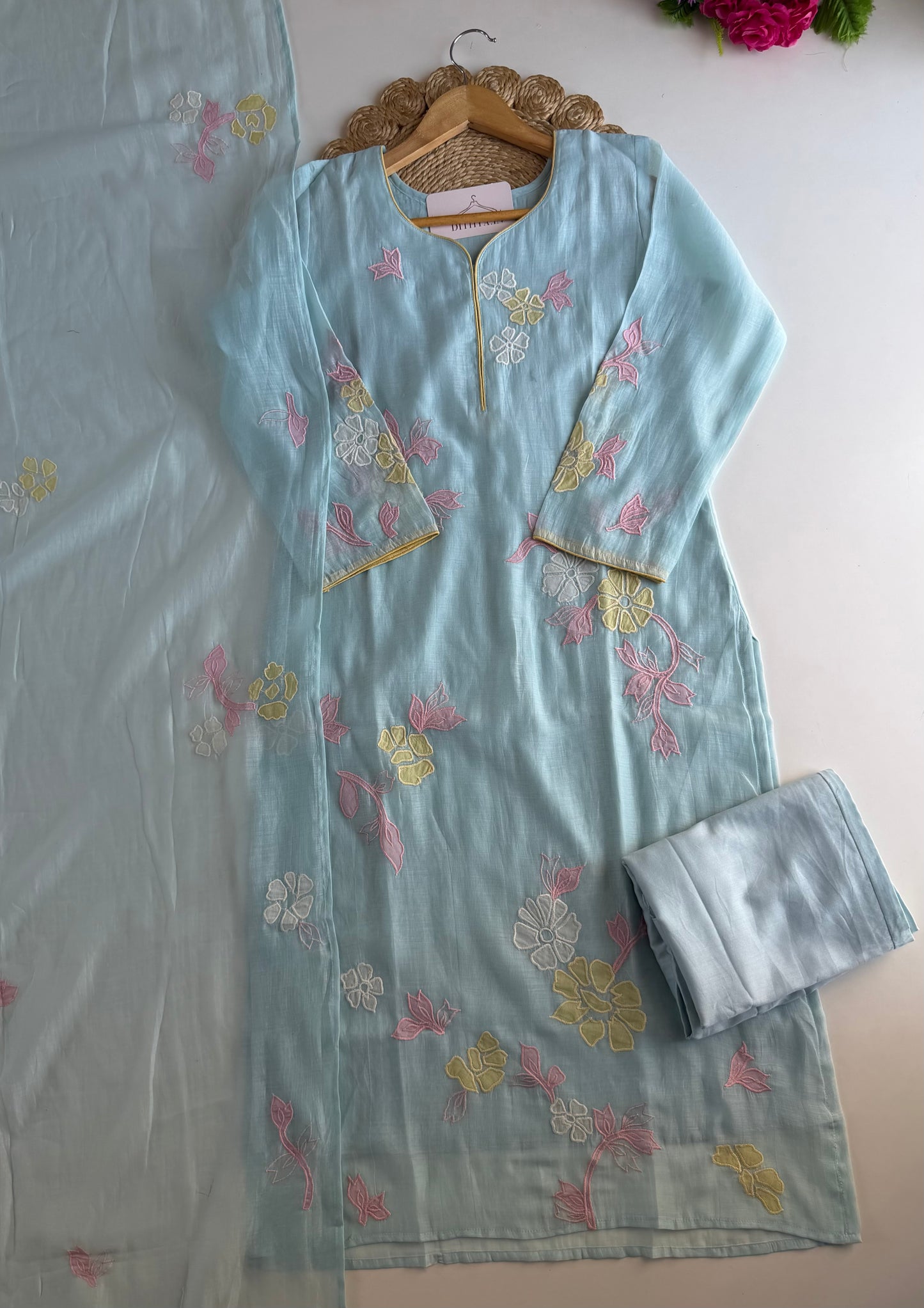 K687 - Mul chanderi appliqué work straight Kurti with pants and dupatta