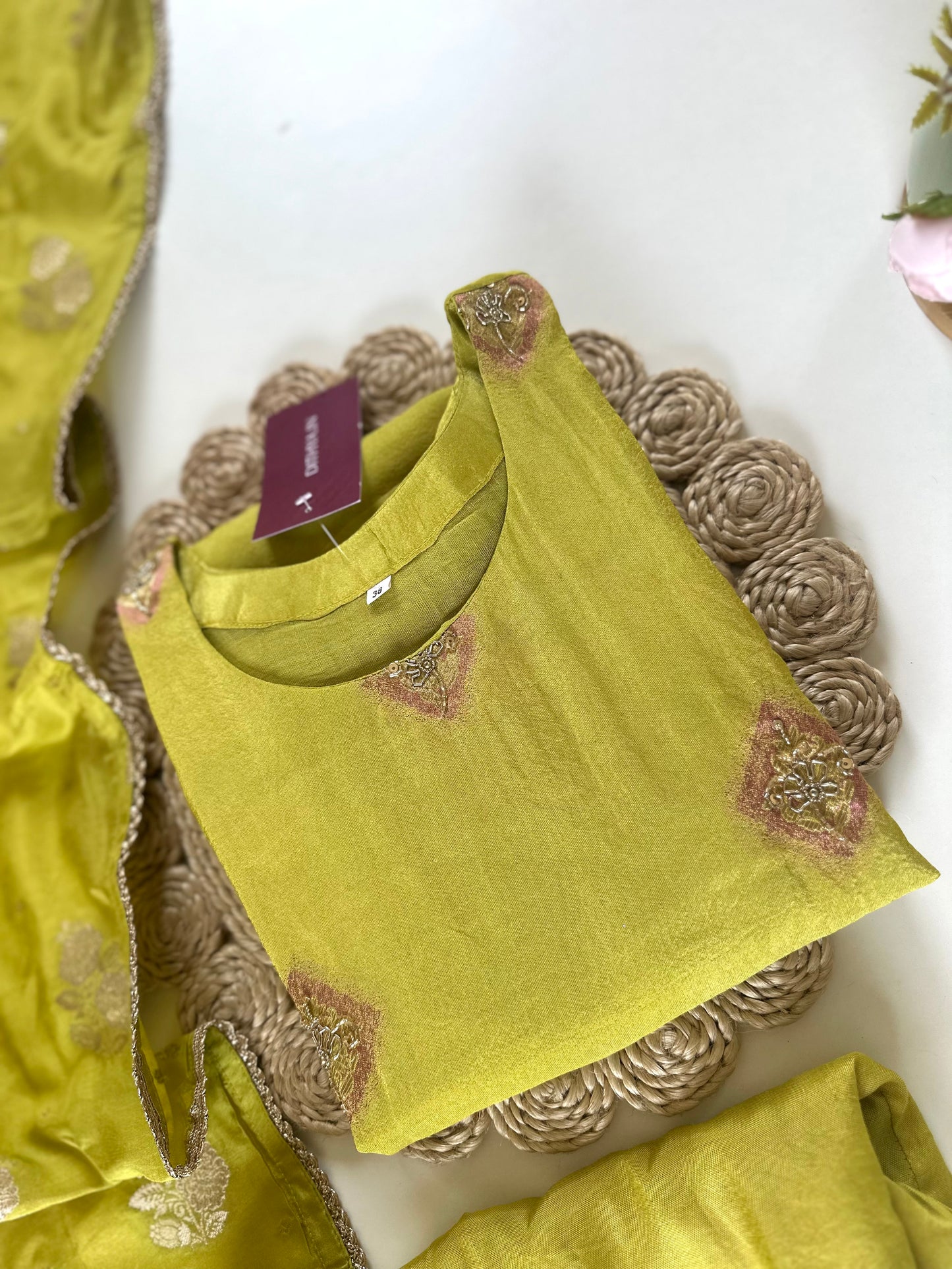 K108 - Shimmer Tissue silk straight kurti with pants and Banarasi silk dupatta.