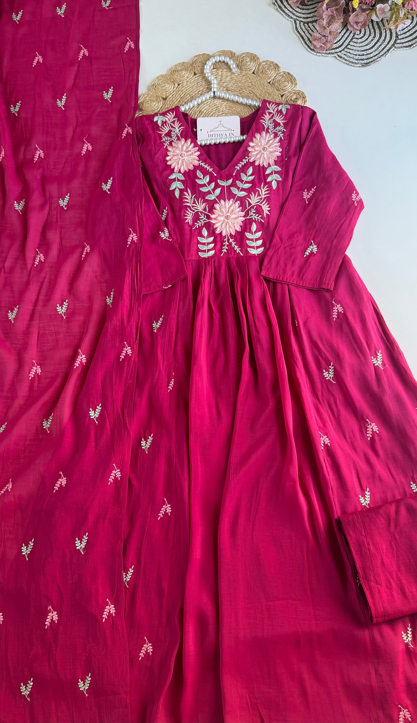 K477 - Mul chanderi appliqué work embroidered Anarkali with pants and dupatta