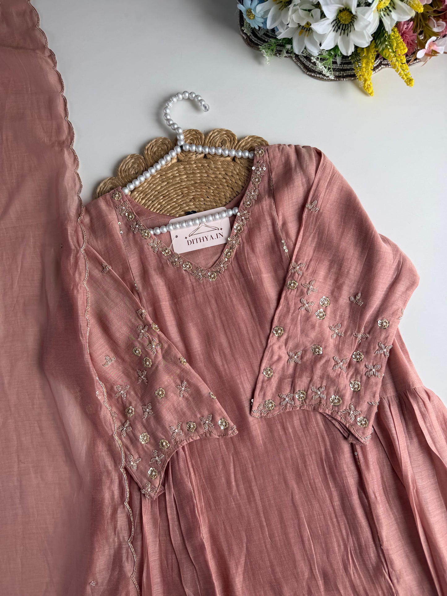 K211 - Mul chanderi handwork Anarkali with pants and dupatta