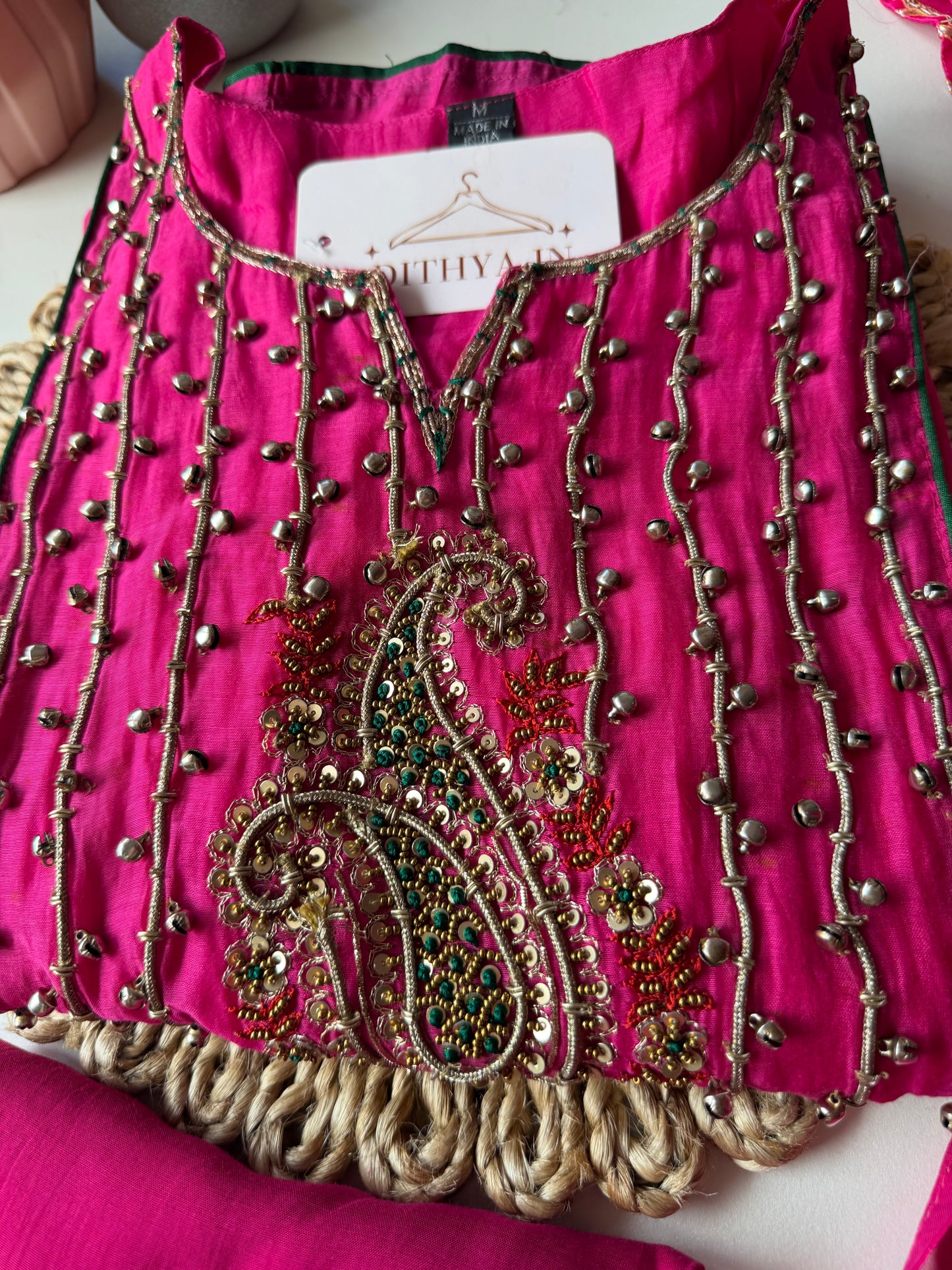 K595 - Mul chanderi ghungroo handwork Anarkali with pants and dupatta