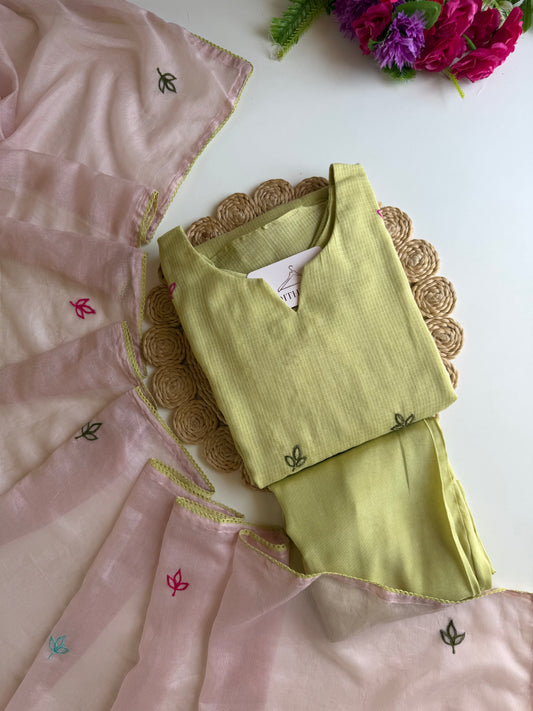 K077 - Kota doriya embroidered Aline Kurti with pants and dupatta