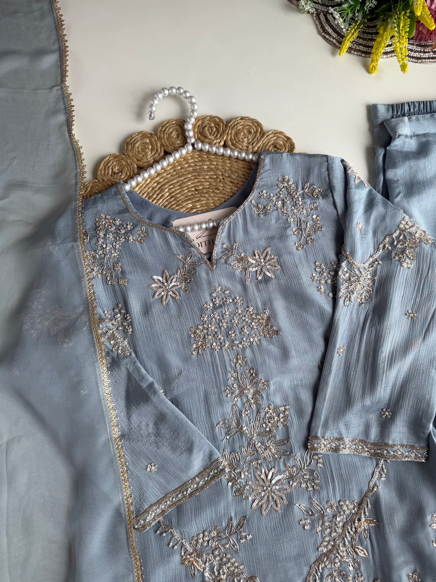 K670 - Pure Chinnon handwork short Kurti with pants and dupatta