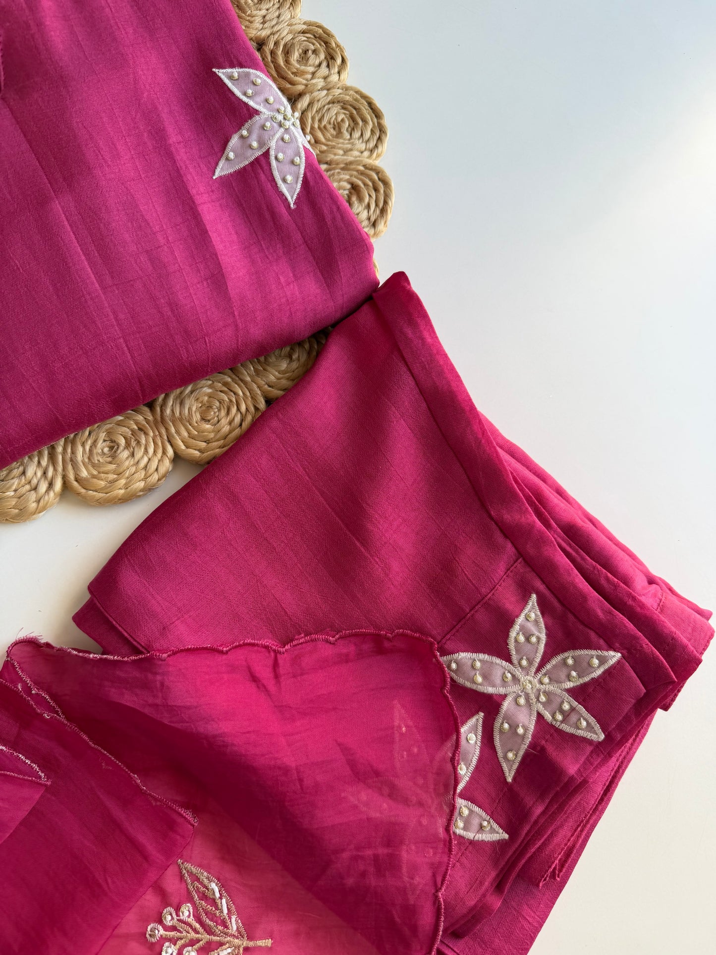 K544 - Russian silk appliqué work straight Kurti with pants and dupatta