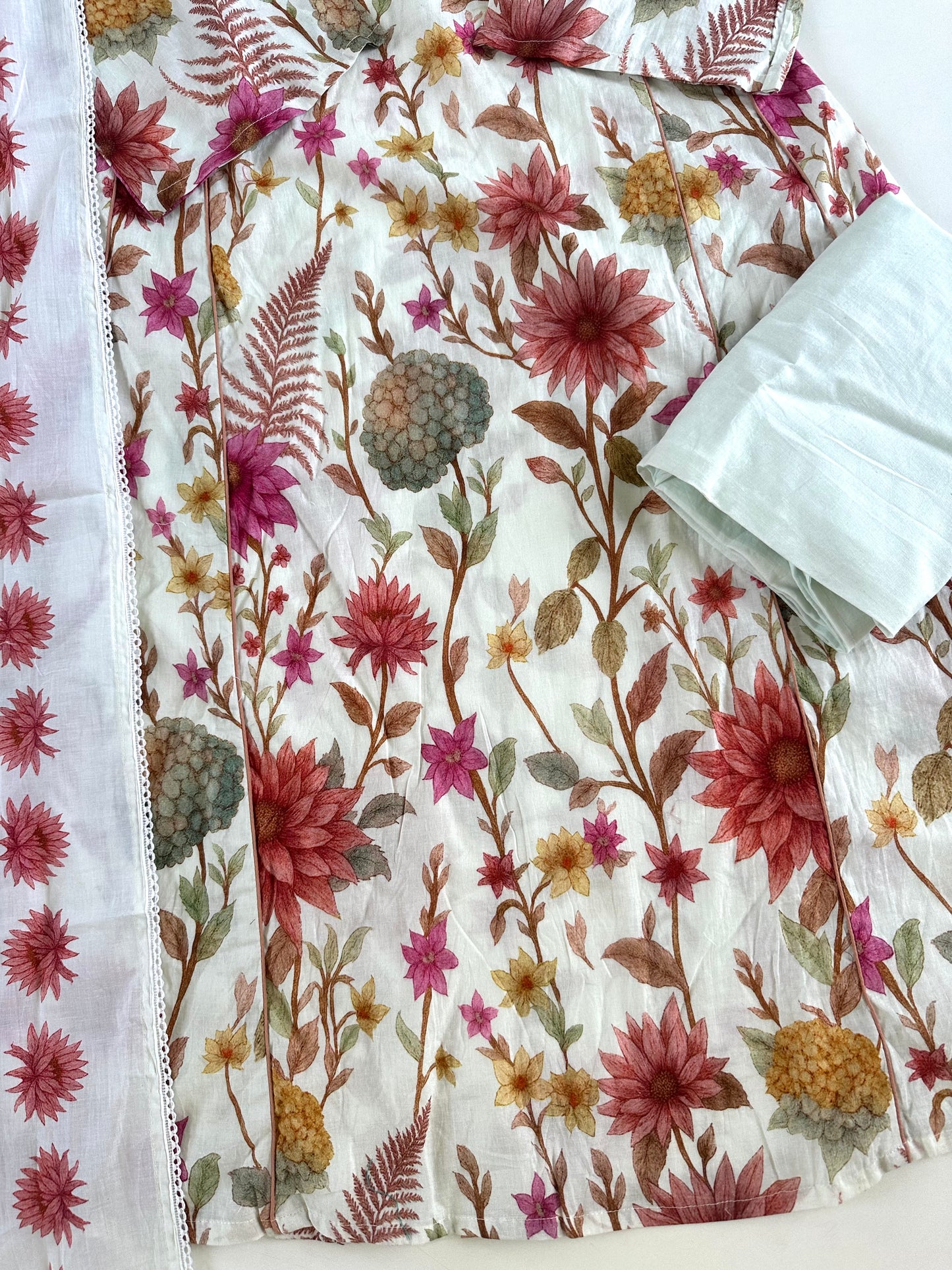 K279 - Mul cotton floral Aline Kurti with pants and dupatta