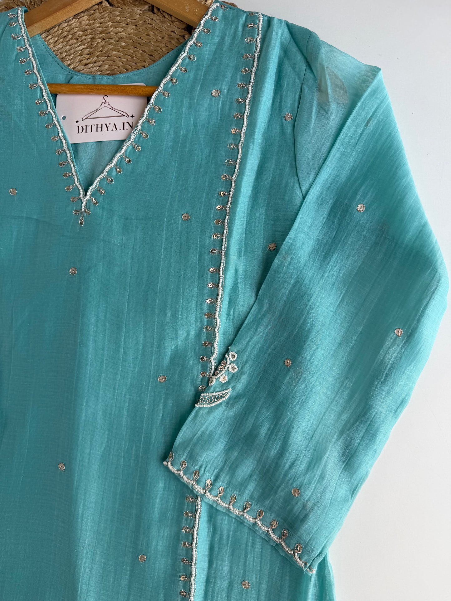 K011 - Mul chanderi pearl work aline Kurti with pants and dupatta