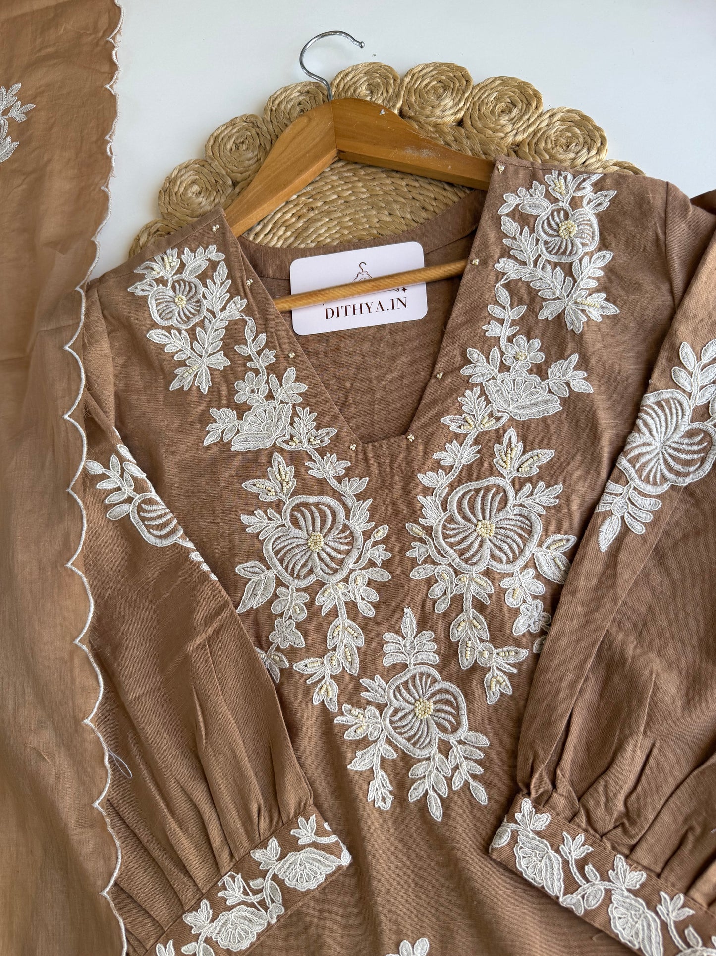 K235 - Mul cotton embroidered Aline Kurti with pants and dupatta