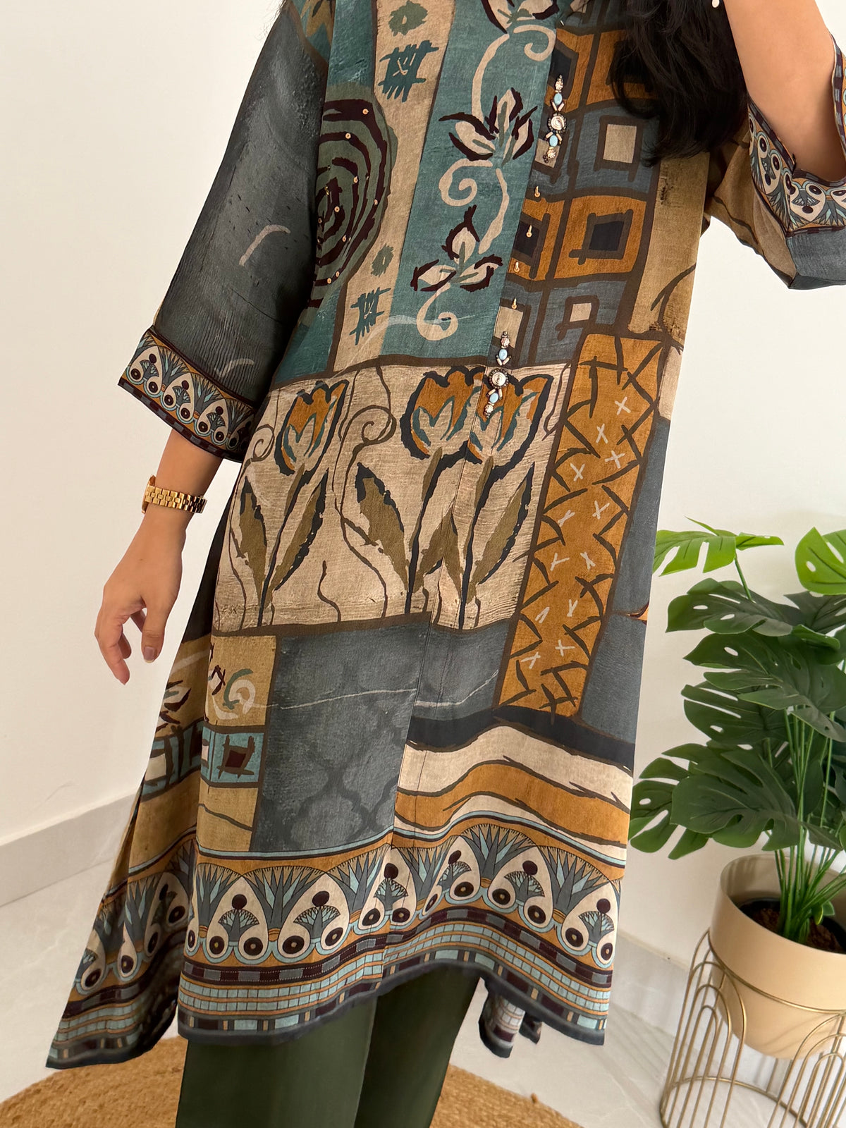 K097 - Pure Crape Ajrakh kaftan with pants