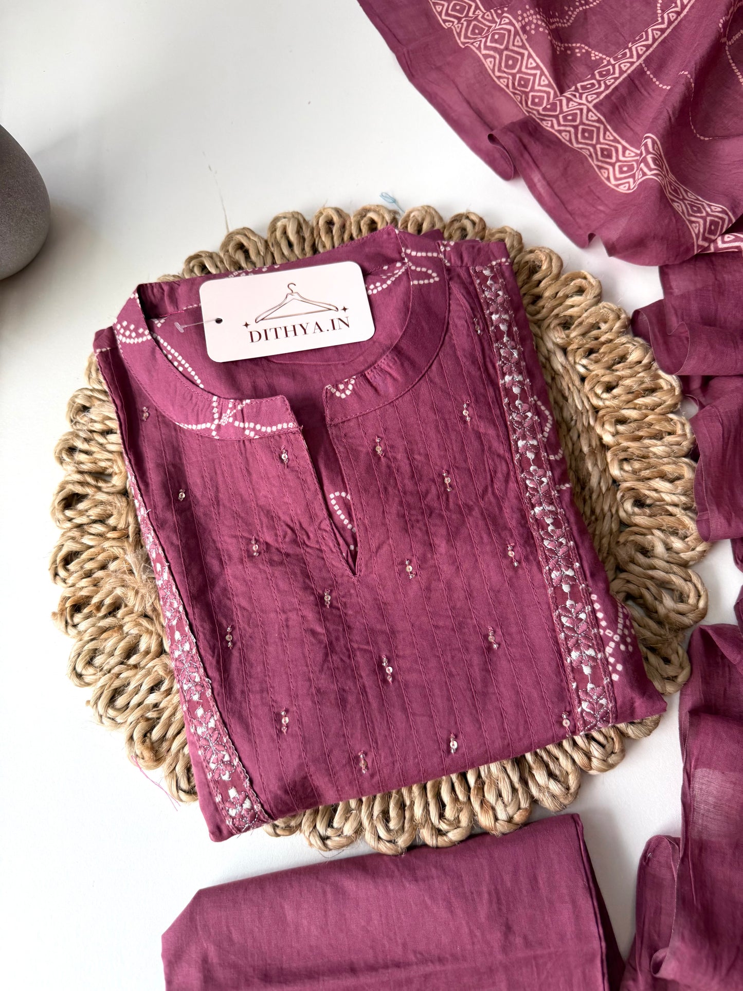 K586 - Cotton embroidery aline kurti with pants and dupatta