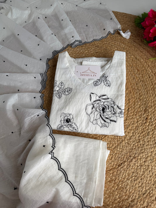 K065 - Crushed Surat Mul chanderi embroidered Aline Kurti with pants and dupatta