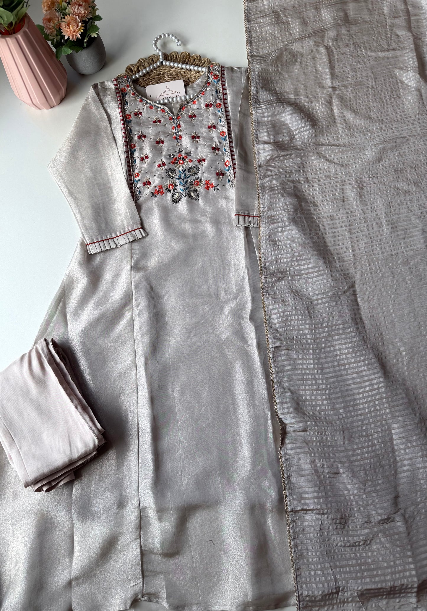 K588 - Kanjivaram Tissue silk Aline Kurti with pants and dupatta