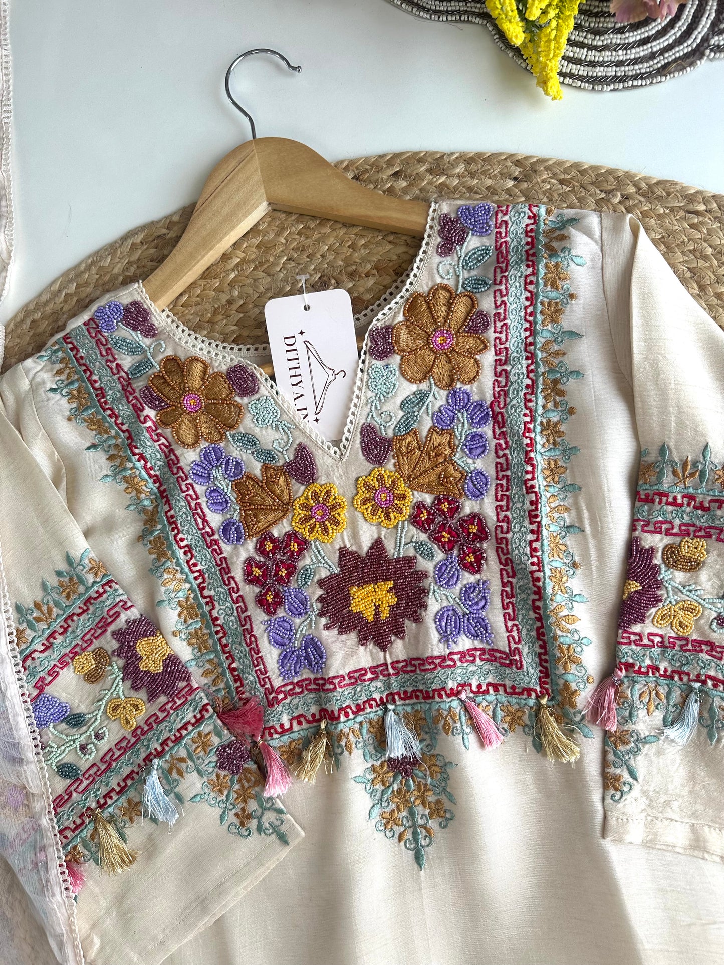 K461 - Russian silk handwork straight Kurti with pants and dupatta