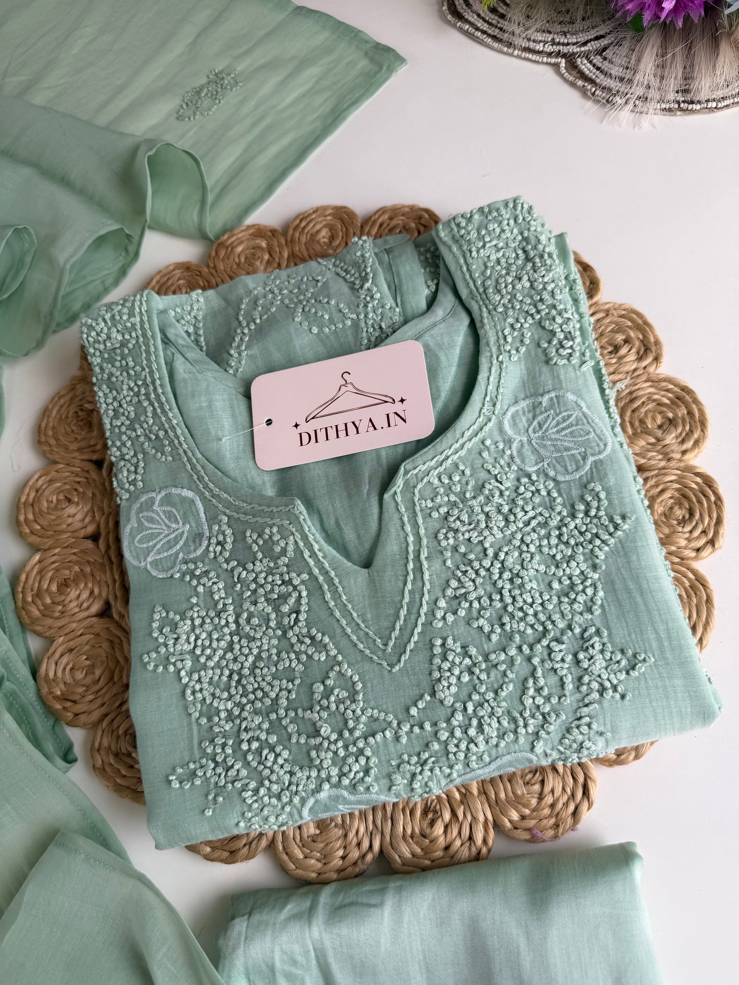 K010 - Mul chanderi embroidered straight Kurti with pants and dupatta