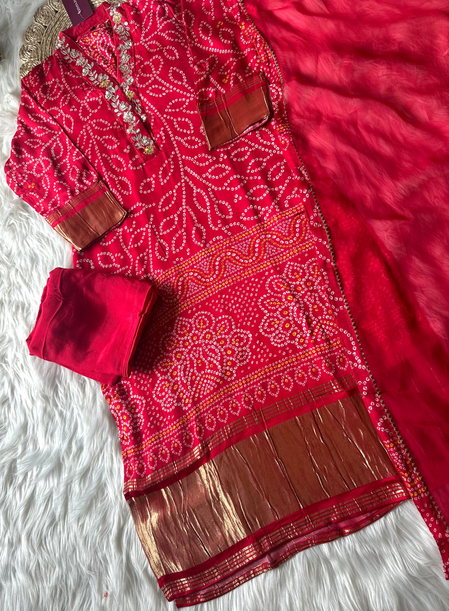 K043 - Bandhini Gaji silk Straight kurti with pants and dupatta.