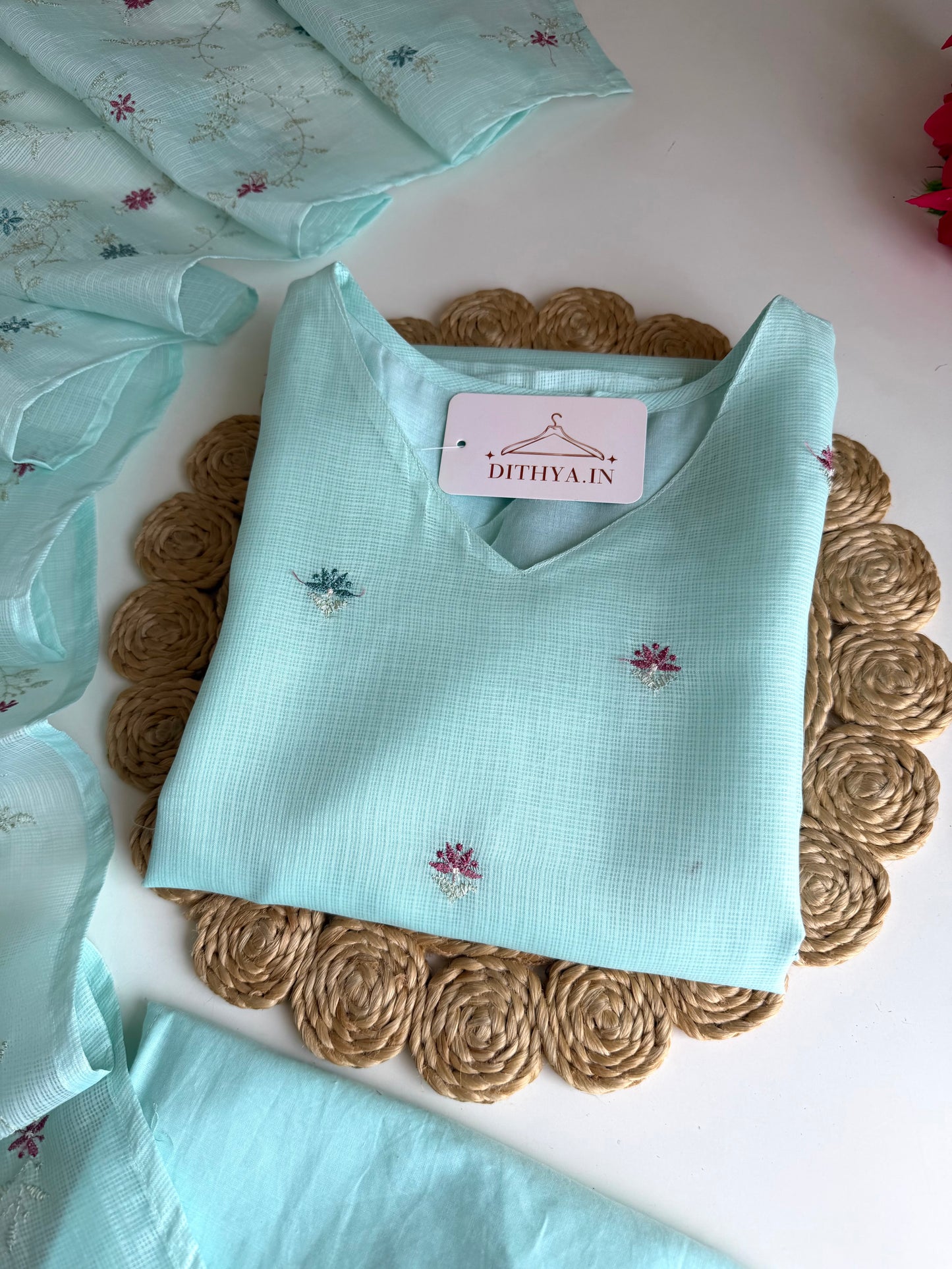 K028 - Kota doriya embroidered straight Kurti with pants and dupatta