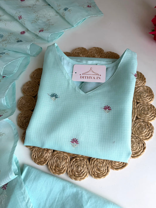 K028 - Kota doriya embroidered straight Kurti with pants and dupatta